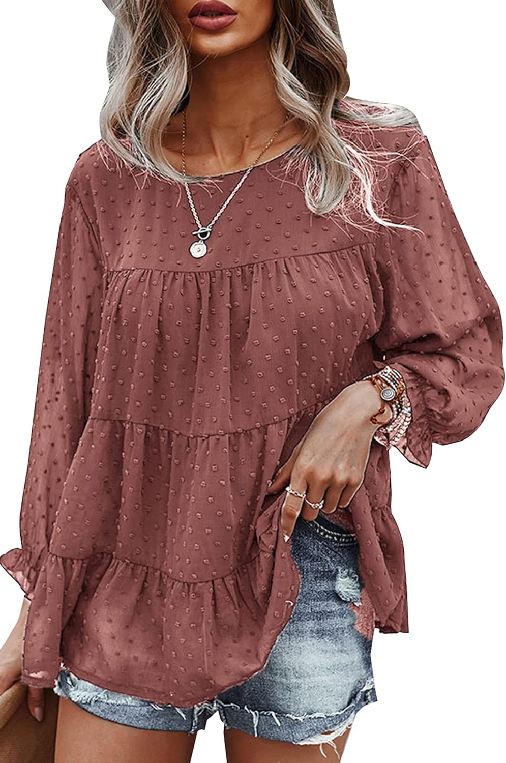 PRETTYGARDEN Women' Summer Loose Chiffon Blouse Mesh Long Sleeve Casual Round Neck Peplum Tops