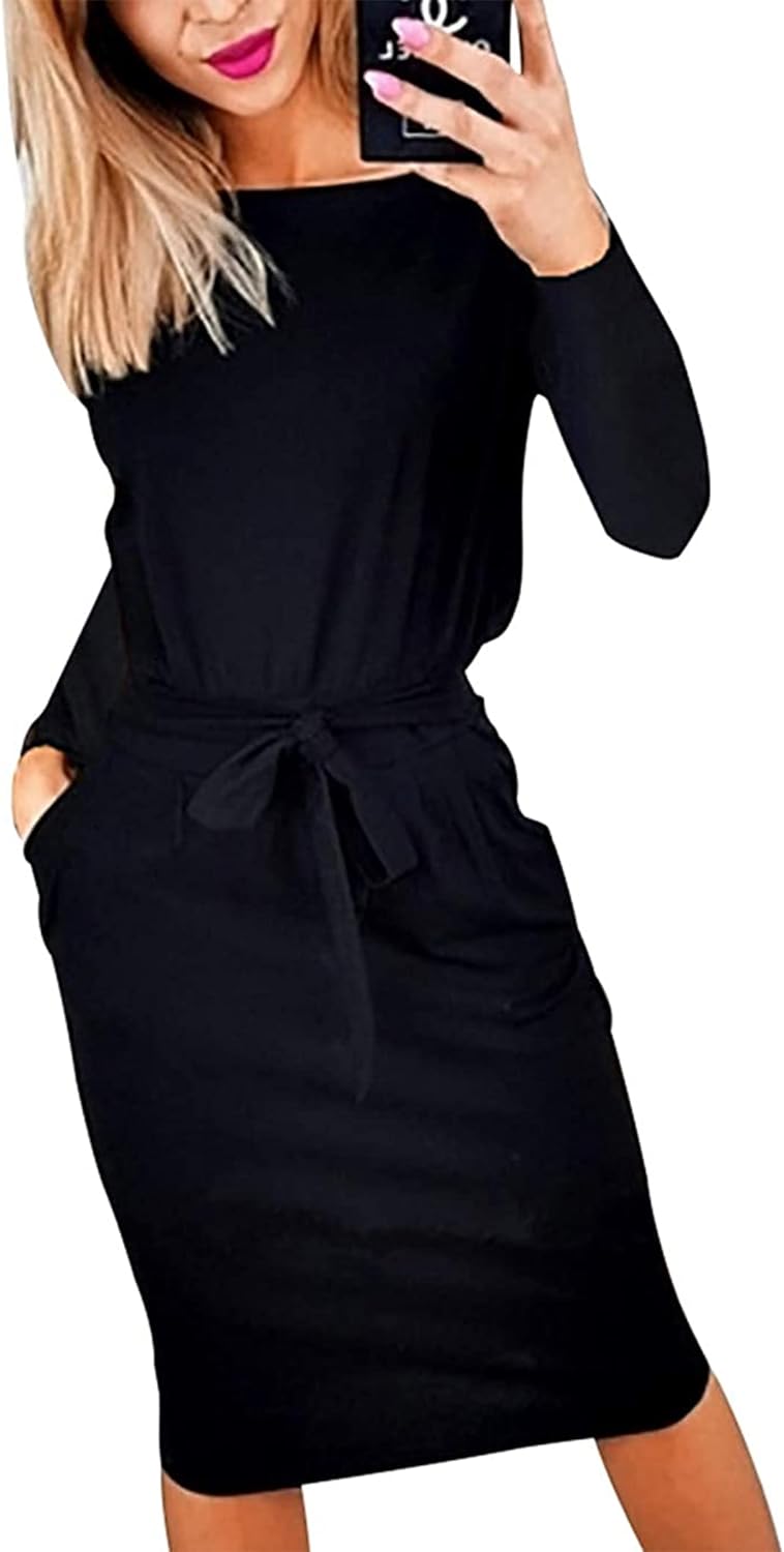 PRETTYGARDEN Women' Fashion Casual Long Sleeve Belted Party Bodycon Sheath Pencil Dress