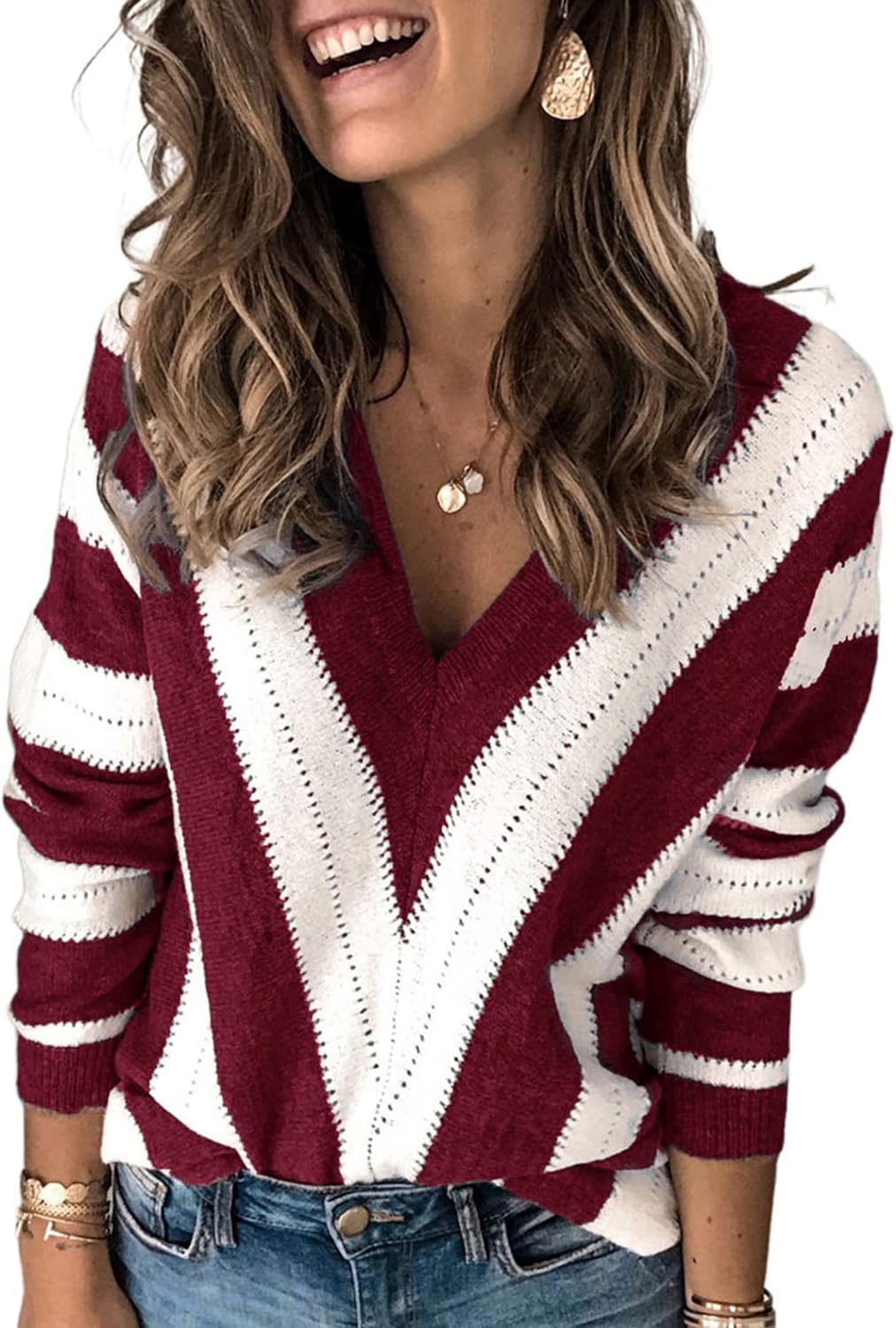 PRETTYGARDEN Women' Fashion Long Sleeve Striped Color Block Knitted Sweater Crew Neck Loose Pullover Jumper Tops