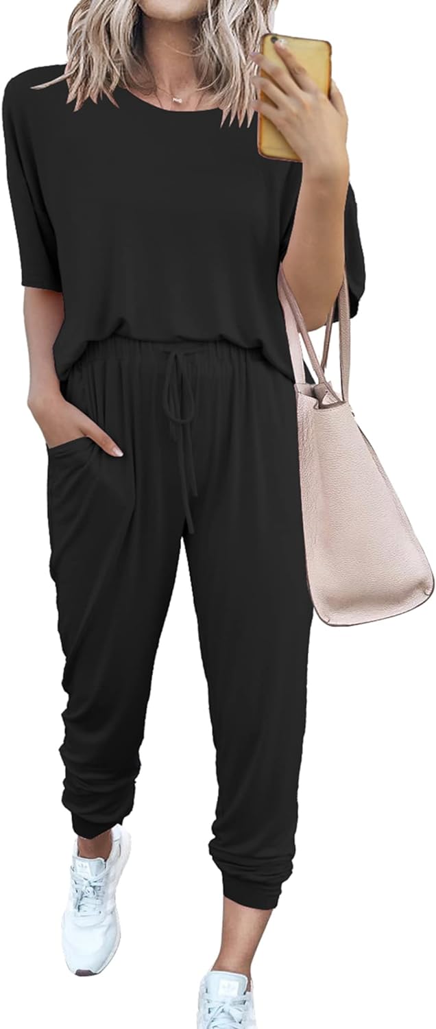 PRETTYGARDEN Women' Two Piece Outfit Short Sleeve Pullover with Drawstring Long Pants Tracksuit Jogger Set