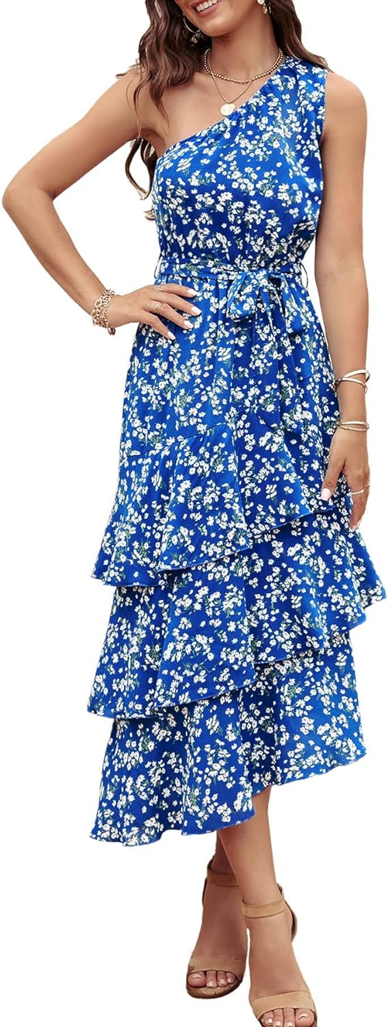 PRETTYGARDEN Women' Summer Floral Sundress Casual One Shoulder Tiered Ruffle Flowy Midi Beach Boho Dresses