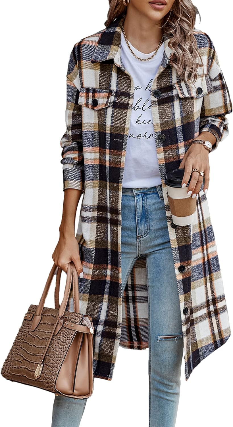 PRETTYGARDEN Women' Plaid Shacket 2024 Long Sleeve Button Up Flannel Shirt Winter Tartan Jacket Woolen Coats