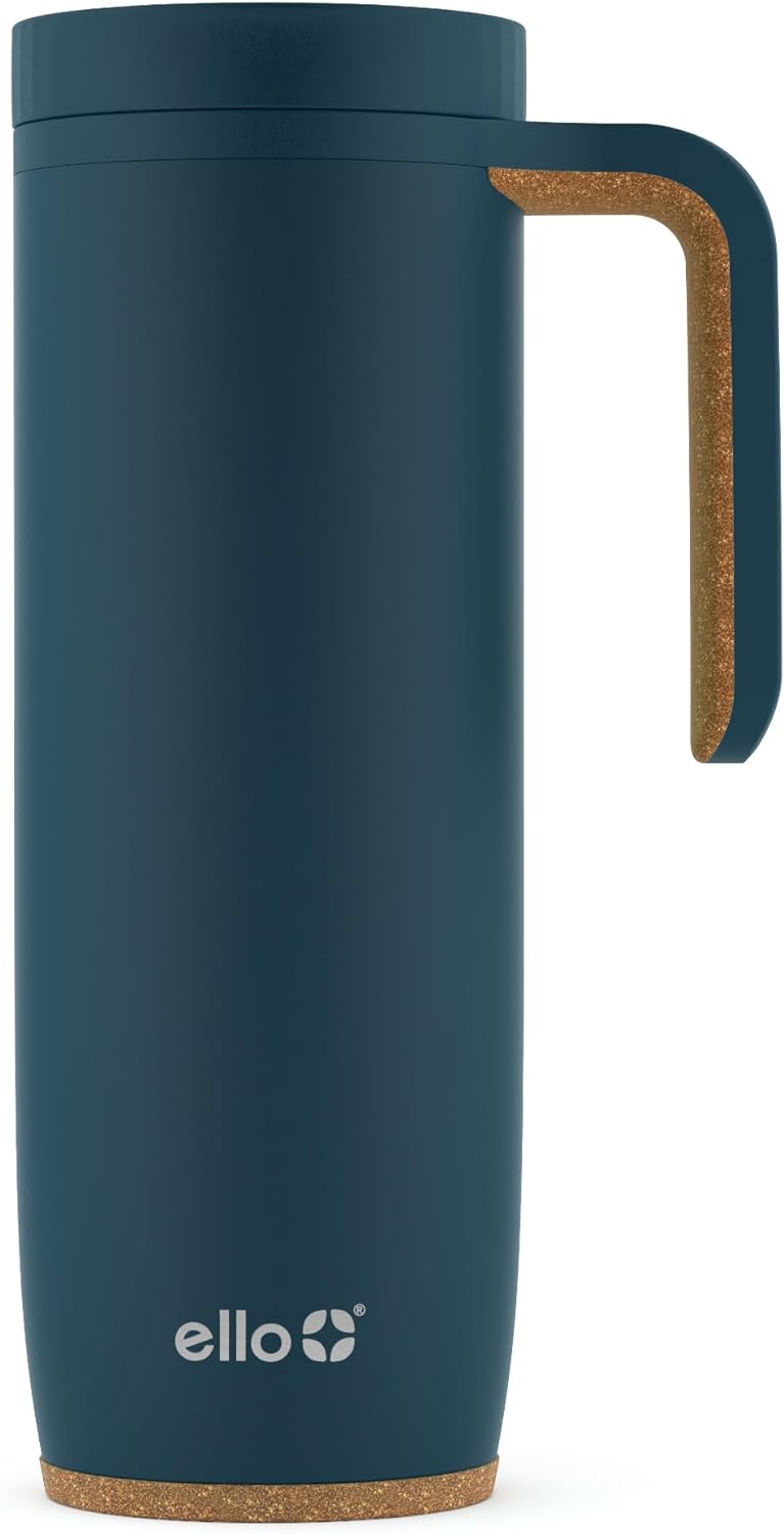 I just had to write a review on this travel mug. It' the best. It' good looking and stays that way (some mugs colors peel off when put in dishwasher). It has a sturdy handle that doesn't get loose. It' got a really tough cork or cork like material on the inside of the handle and a ring of it on the bottom of the cup for non slip and non marring of the surface you set it on. The thermal quality if very good. But here' the kicker. The sliding thingy on the lid that opens and closes. For the li