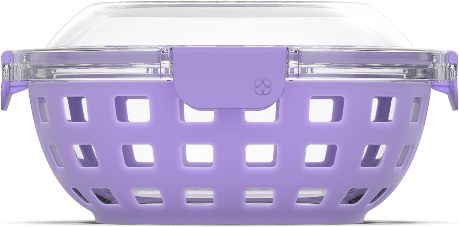 Ello DuraGlass Food Storage Glass Lunch Bowl Container - Meal Prep Container with Silicone Sleeve and Airtight Lid, 5 Cup, Lilac