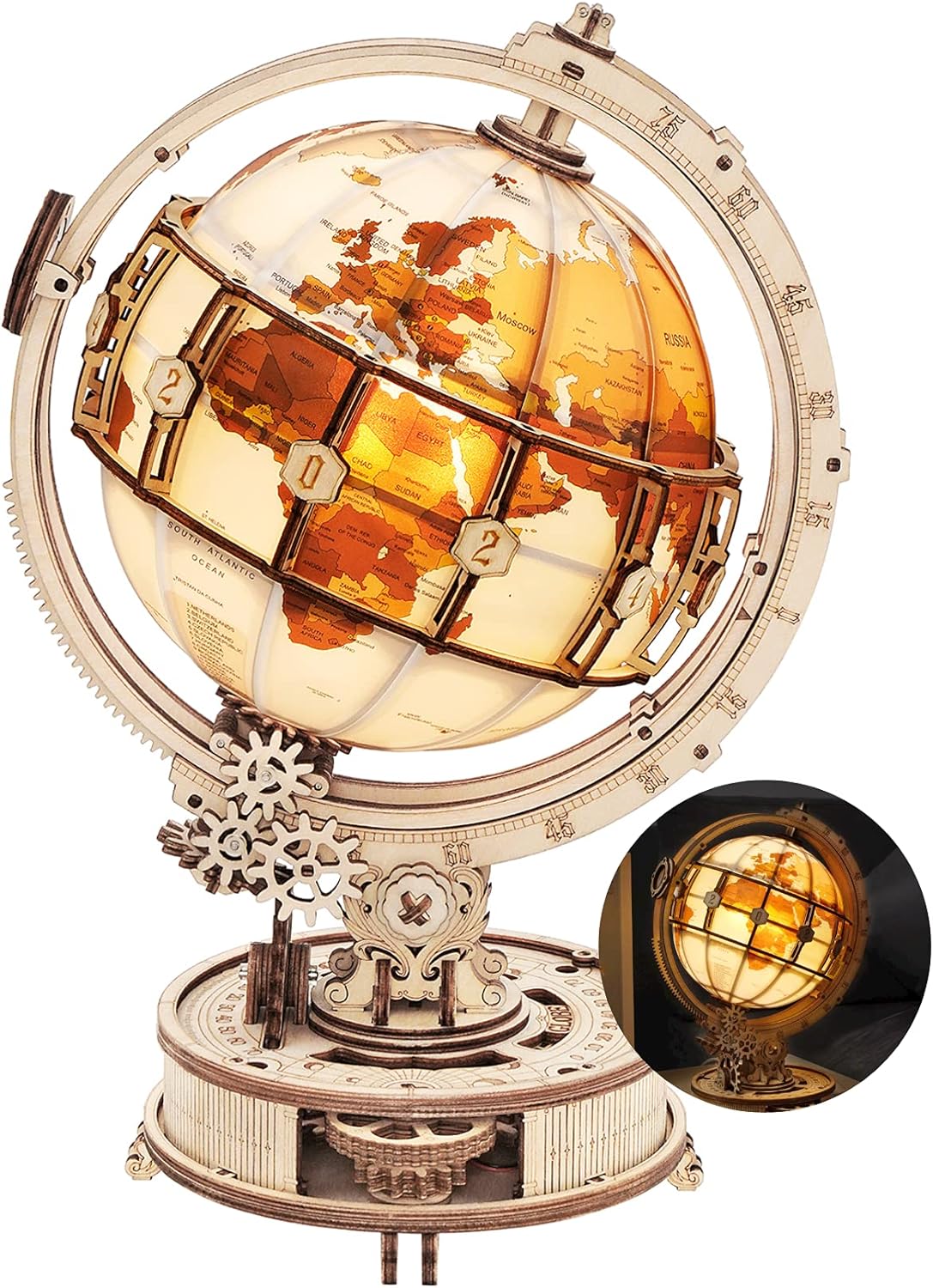 ROKR 3D Wooden Puzzles for Adults Illuminated Globe with Stand 180pcs 3D Puzzles Built-in LED Model Kit Hobby Gifts for Adults/Teens Home Decor