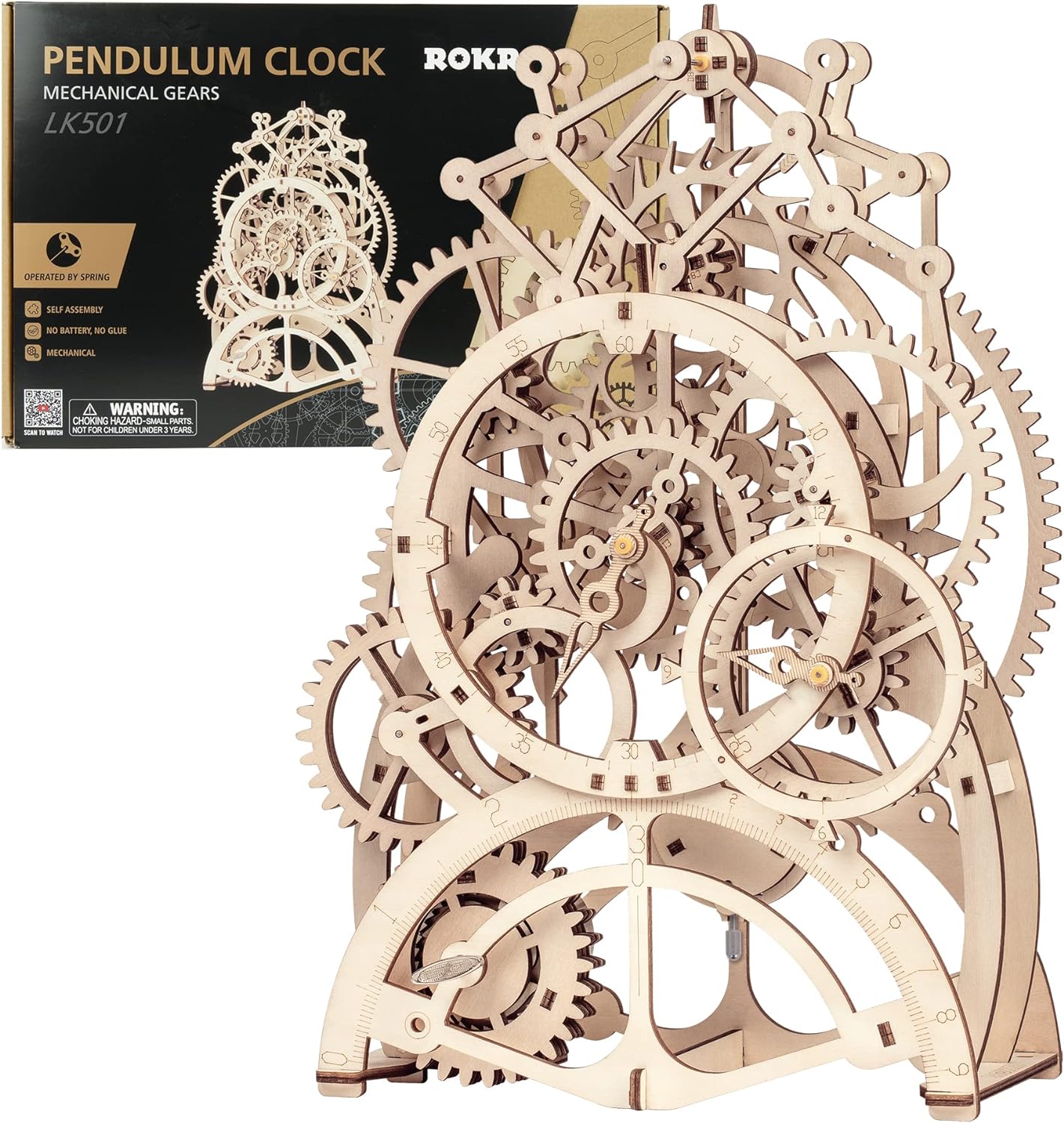 ROKR 3D Wooden Mechanical Pendulum Clock Puzzle,Mechanical Gears Toy Building Set,Family Wooden Craft KIT Supplies-Best Birthday Gifts for Kids Adults to Build