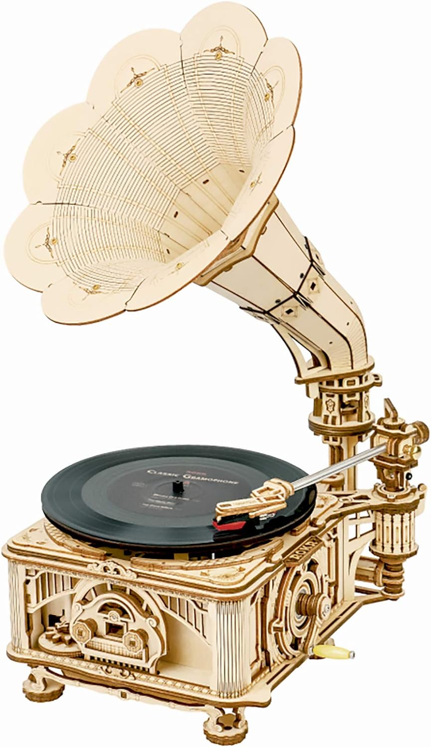 ROKR 3D Wooden Puzzles Gramophone for Adults - DIY Mechanical Model Kit 1:1 Replica Record Player Support 7/10 Vinyl Premium Gift Hobbies for Adults Home Decor