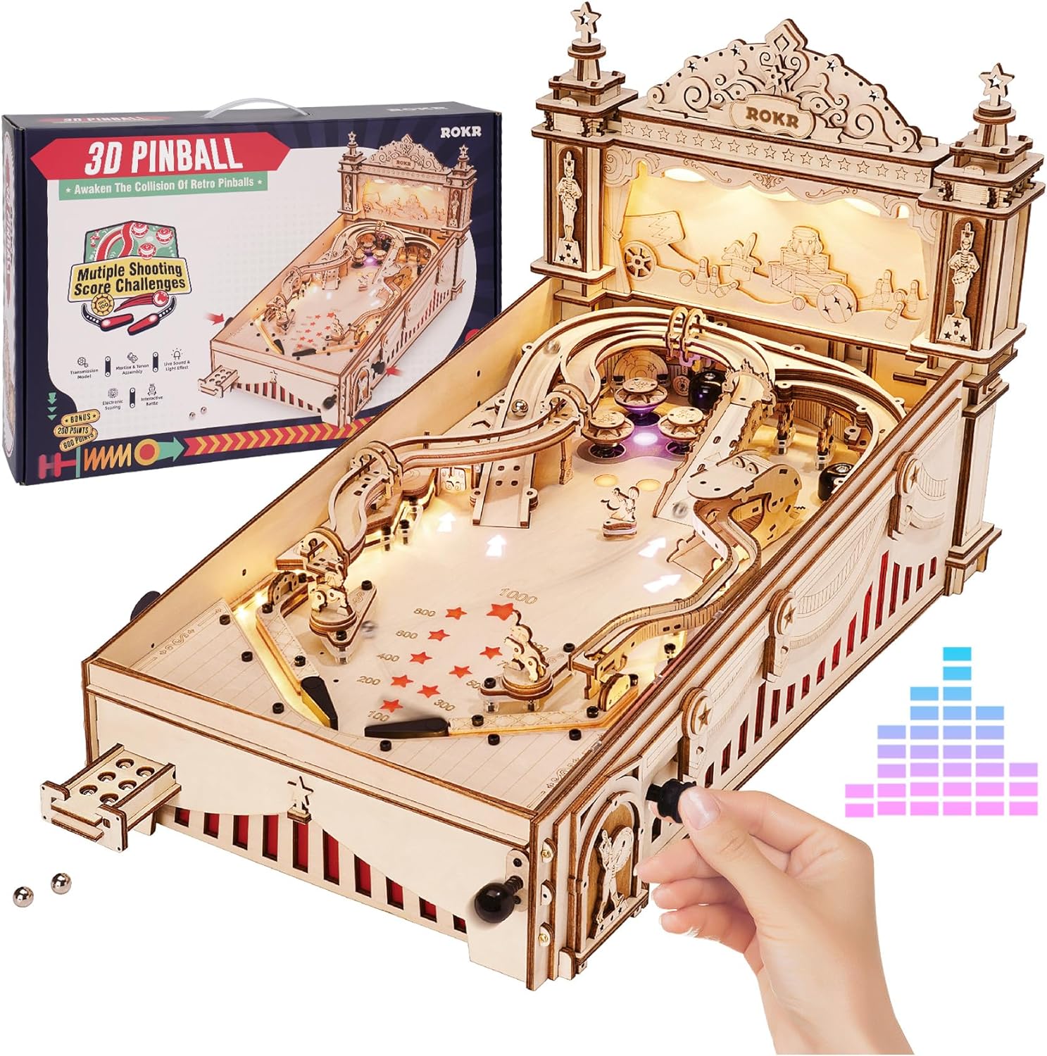 ROKR Miniature Pinball Machine-3D Wooden Puzzles for Adults-DIY Wood Model Kits for Adults-Toy Gifts for Ages 14 and Up