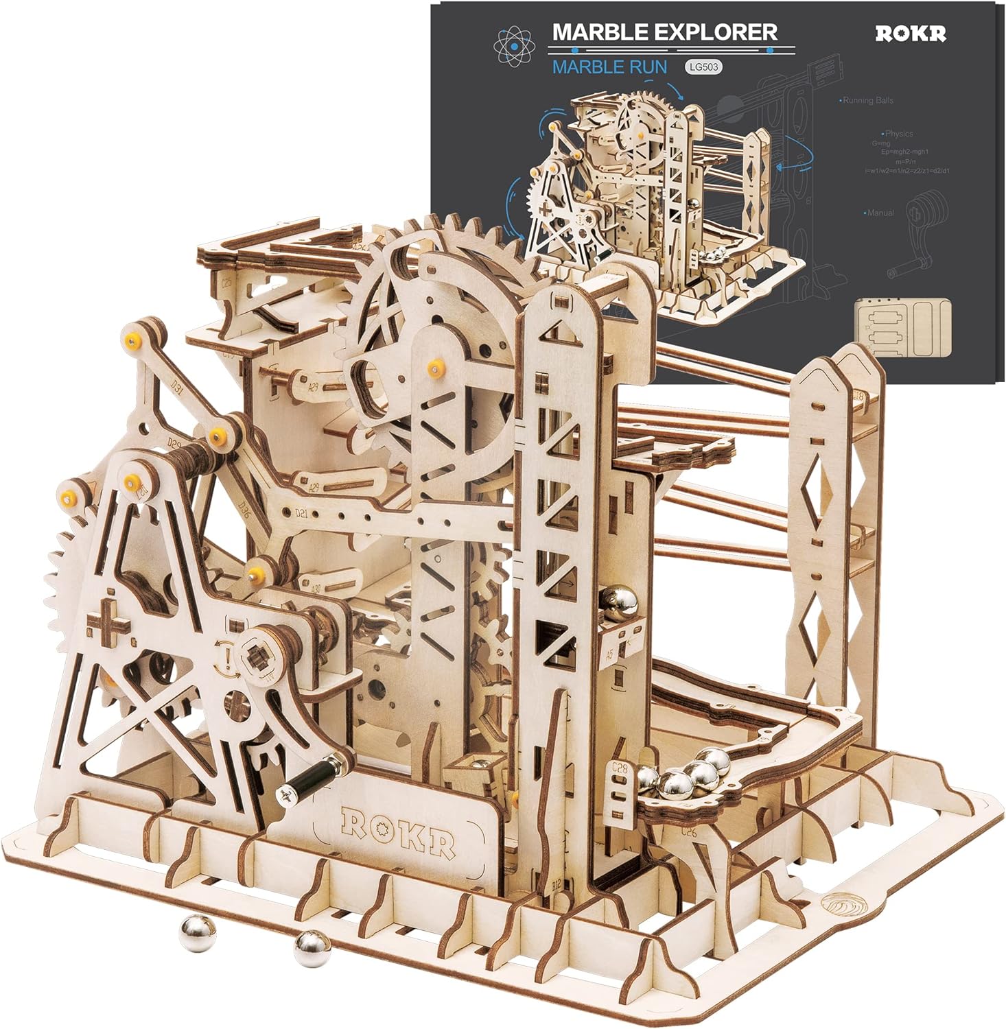 ROKR 3D Assembly Wooden Puzzle Brain Teaser Game Mechanical Gears Set Model Kit Marble Run Set Unique Craft Kits Christmas/Birthday/Valentine' Gift for Adults & Kids Age 14+(LG503-Lift Coaster)