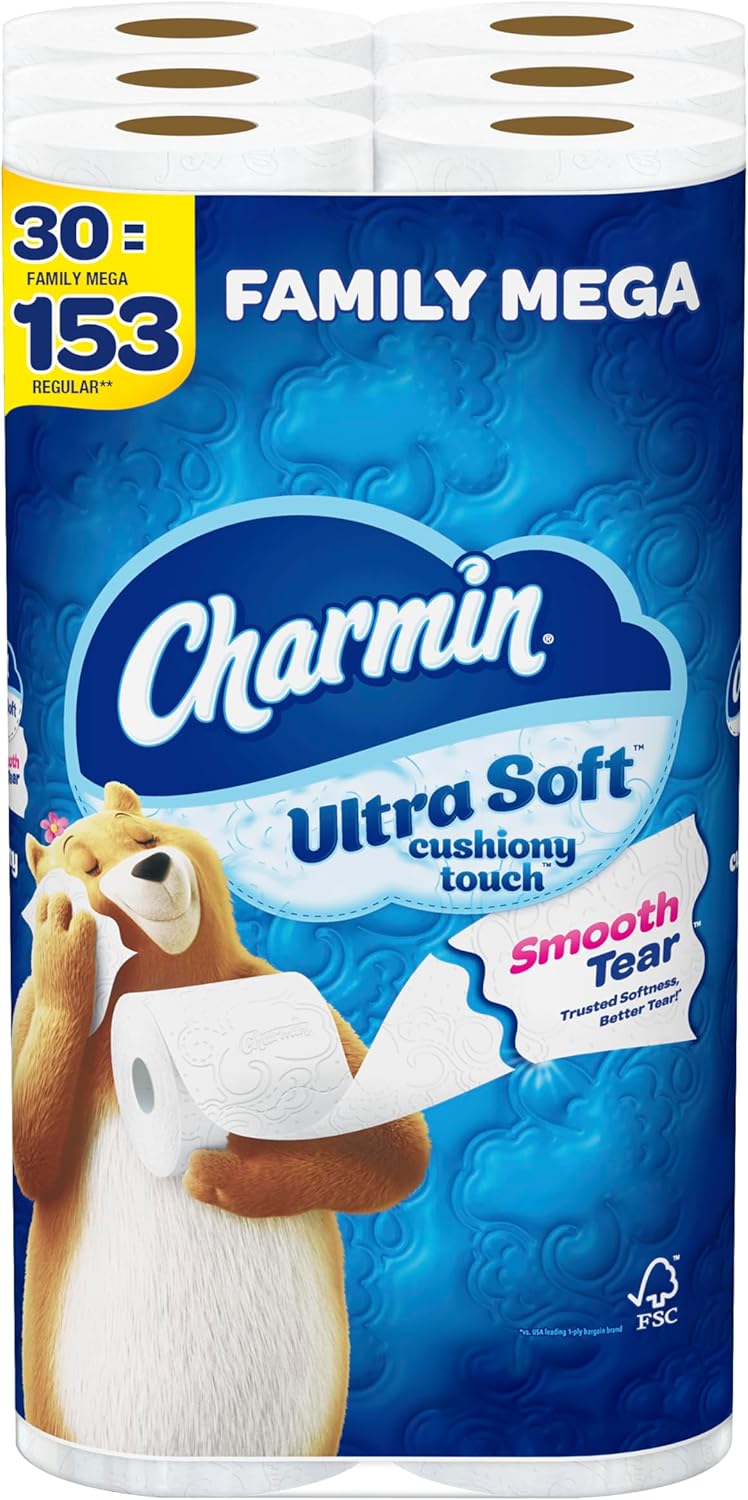 Charmin Ultra Soft Cushiony Touch Toilet Paper, 30 Family Mega Rolls = 153 Regular Rolls (Packaging May Vary)