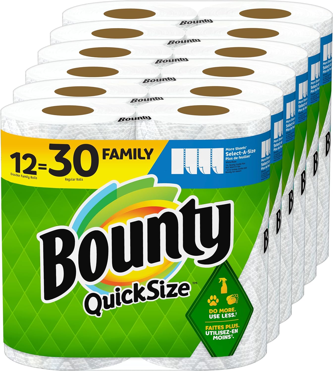 Bounty Quick-Size Paper Towels, White, 12 Family Rolls = 30 Regular Rolls