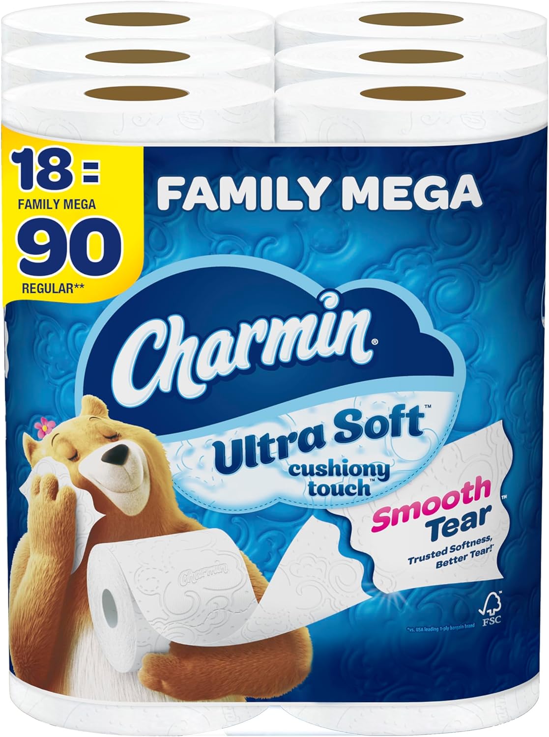 Charmin Ultra Soft Cushiony Touch Toilet Paper, 18 Family Mega Rolls = 90 Regular Rolls (Packaging May Vary)