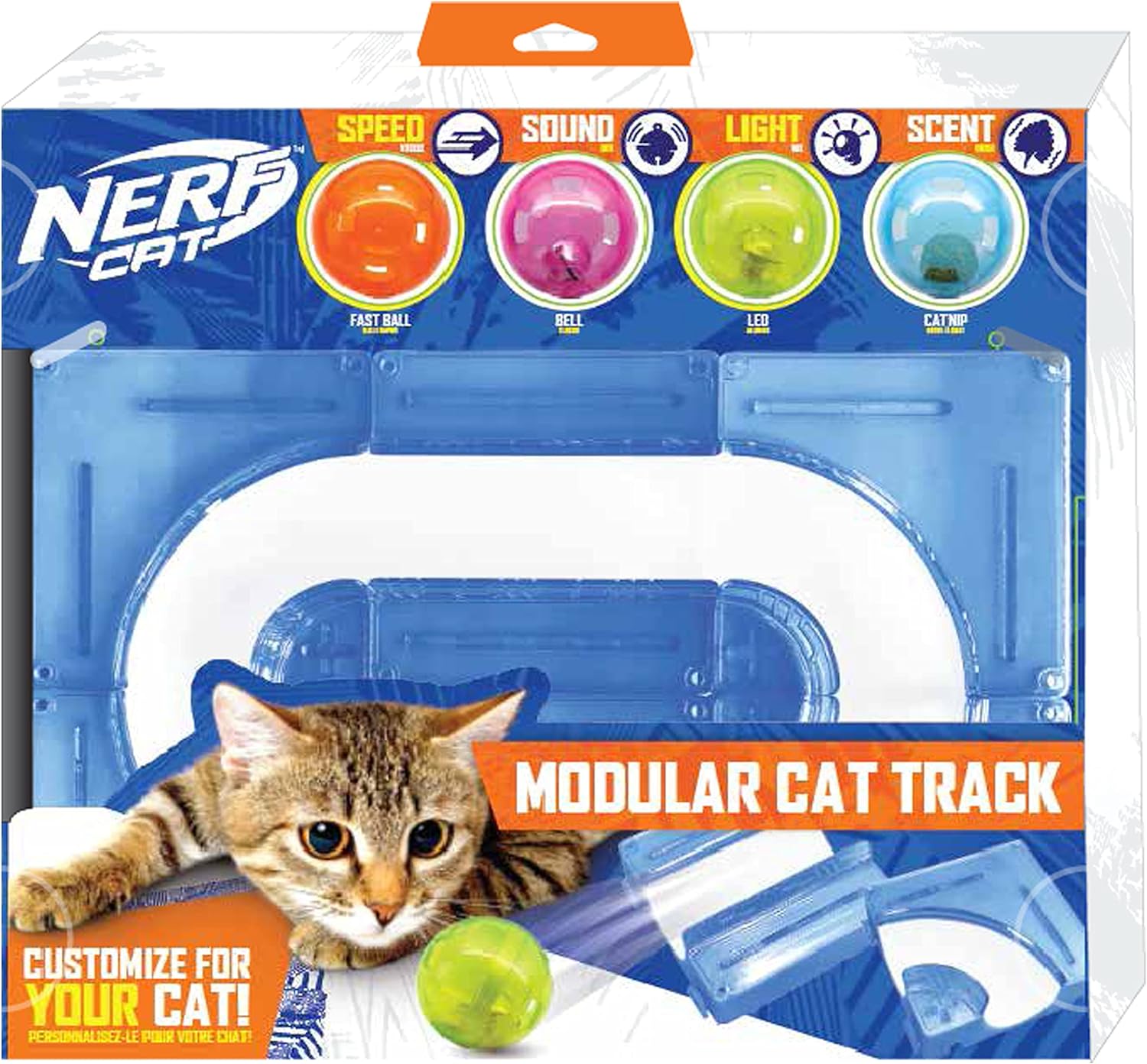 Nerf Cat Gift Set Box - 15in x 10in ABS Turbo Cat Track with 2 inch Hollow Ball and 2 inch Bell Ball and 2 inch LED Ball and 2 inch Catnip Ball