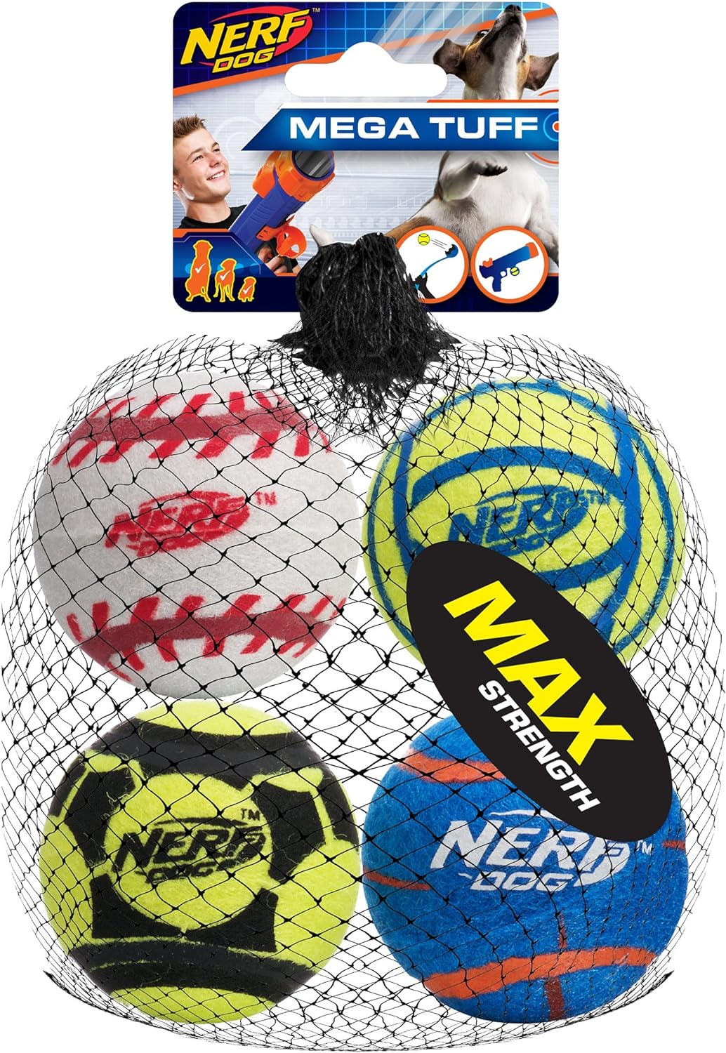 Nerf Dog Sports Ball Dog Toys, Lightweight, Durable and Water Resistant, 2.5 Inches, for Small/Medium/Large Breeds, Four Pack, Mixed Colors, Model:3372