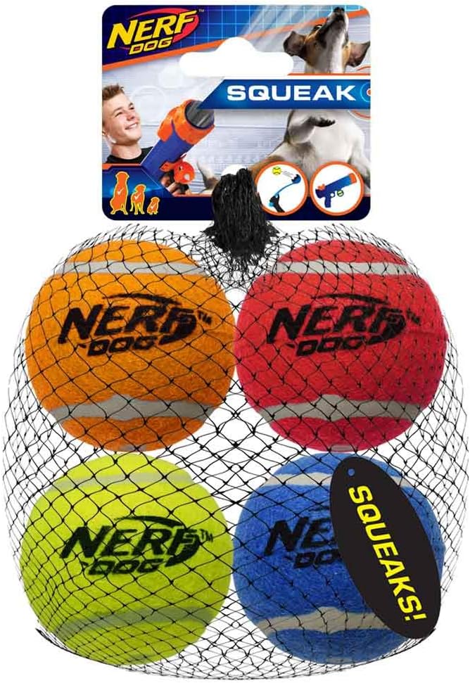 Nerf Dog 4-Pack - Squeak Tennis Ball - Blue, Green, Orange and Red
