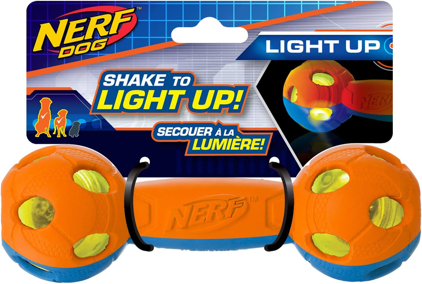 Nerf Dog 7in LED Bash Barbell - Blue/Orange, Dog Toy