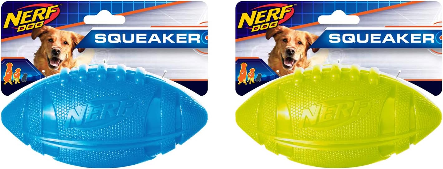 Nerf Dog 2-Pack 6in Squeaky Football Dog Toy, Blue and Green