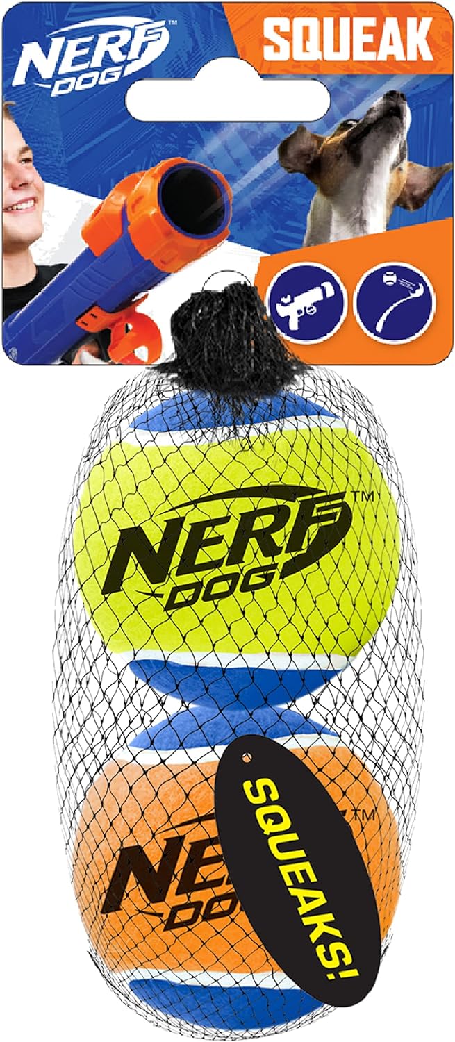 Nerf Dog Tennis Ball Dog Toys with Interactive Squeaker, Lightweight, Durable and Water Resistant, 3 Inches, for Small/Medium Breeds, Two Pack, Mixed Colors