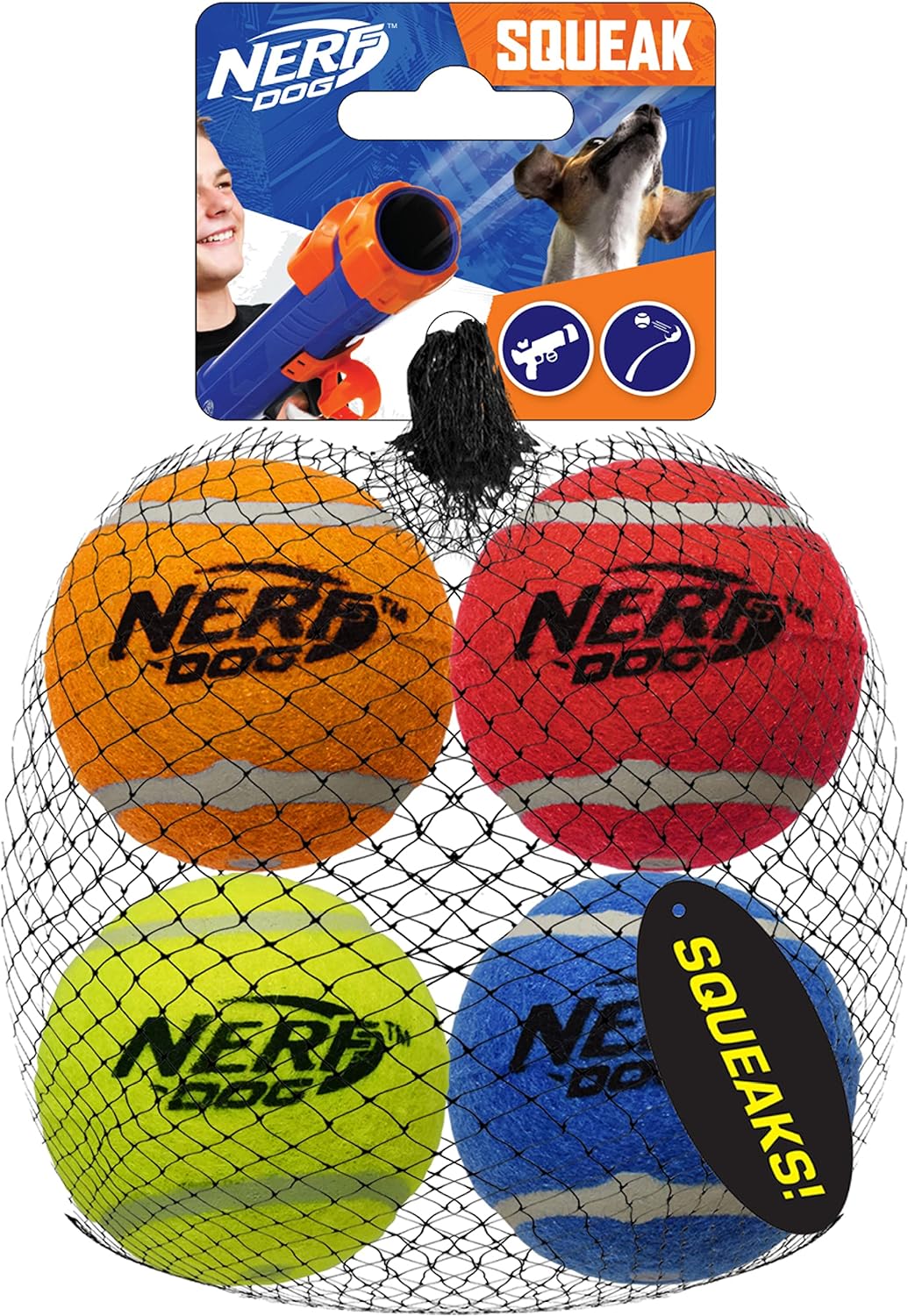 Nerf Dog Tennis Ball Dog Toys with Interactive Squeaker, Lightweight, Durable and Water Resistant, 2.5 Inches, for Small/Medium/Large Breeds, Four Pack, Mixed Colors