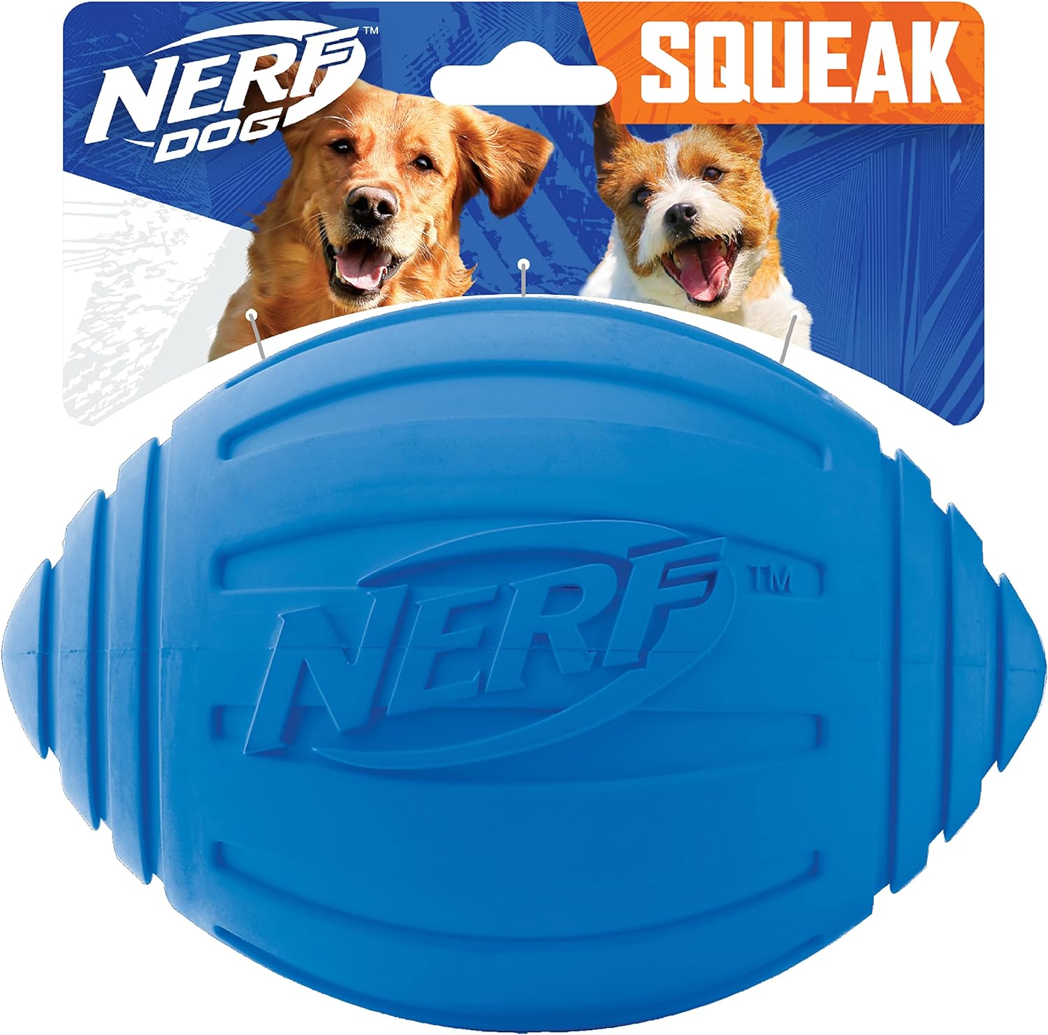 Nerf Dog Ridged Football Dog Toy with Interactive Squeaker, Lightweight, Durable and Water Resistant, 7 Inch Diameter for Medium/Large Breeds, Single Unit, Blue