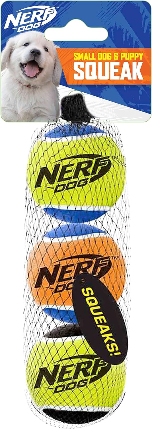 Nerf Dog Tennis Ball Dog Toy with Interactive Squeaker, Lightweight, Durable and Water Resistant, 2 Inches, for Small/Medium Breeds, Three Pack, Assorted Colors