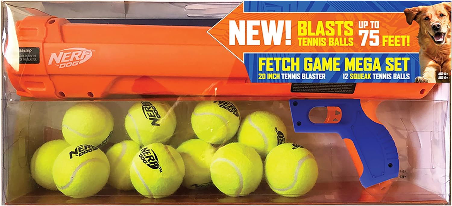 Nerf Dog Fetch Game Mega Set Dog Toy, Includes 20 Inch Tennis Ball Blaster and 12 Squeak Tennis Balls, Orange