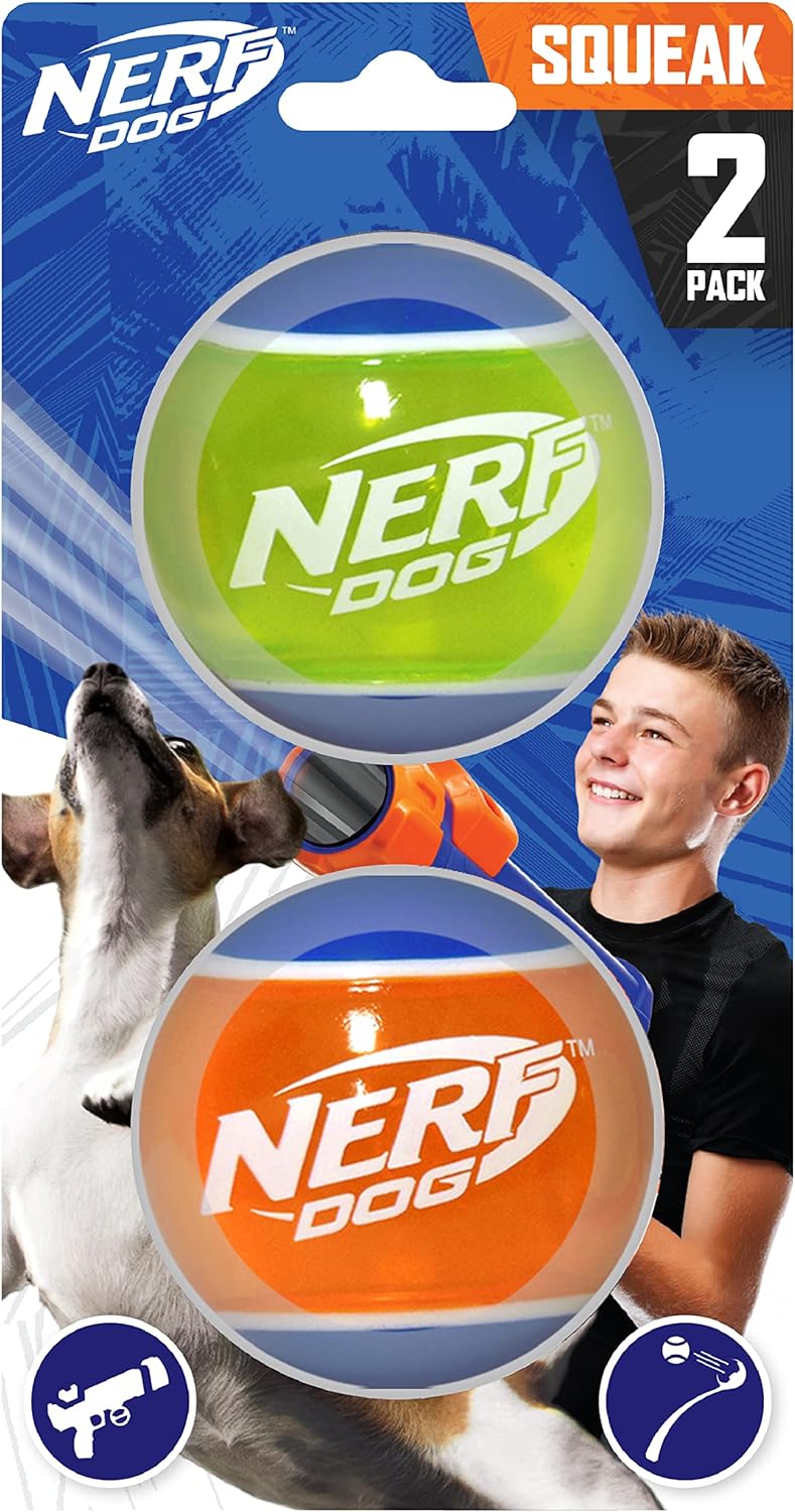 Nerf Dog Rubber Tennis Ball Dog Toys with Interactive Squeaker, Lightweight, Durable and Water Resistant, 2 Inches, for Small/Medium/Large Breeds, Two Pack, Mixed Colors 2Count(Pack of 1)