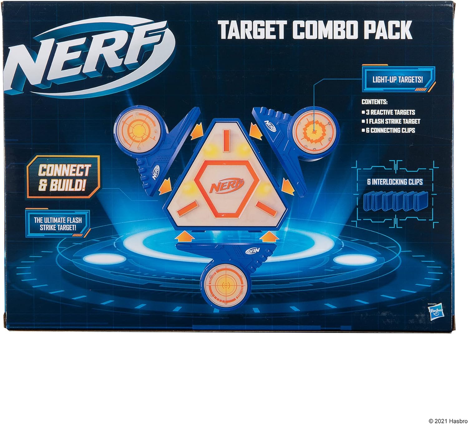 NERF Target Combo Pack, Flash Strike Target Base Plus 3 Reactive Targets - Targets Light Up When Hit  Expandable Modular Design; Customizable Target Design Single/Multiplayer - Amazon Exclusive