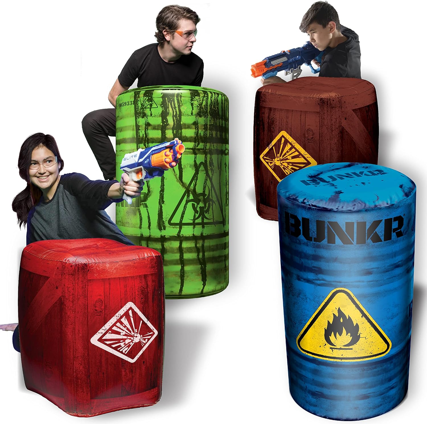 BUNKR BattleZones Battle Royale Inflatable Bunker Fort - 4 Piece Barricade Shield Set Crates and Barrels - Perfect for NERF Party
