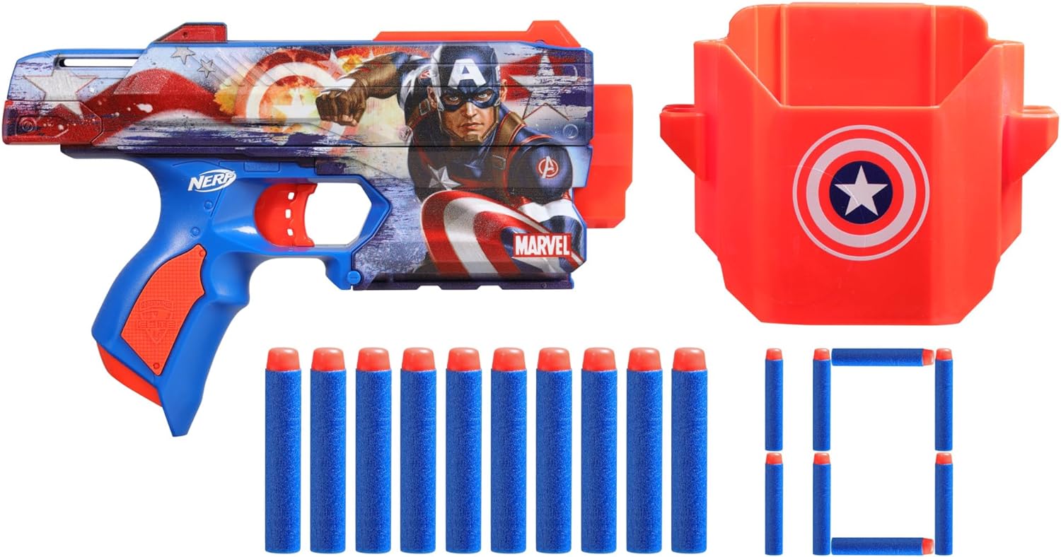 NERF Marvel Captain America Dart Blaster, 10 Elite Darts, Holster, Toy Foam Blasters for 8 Year Old Boys & Girls & Up
