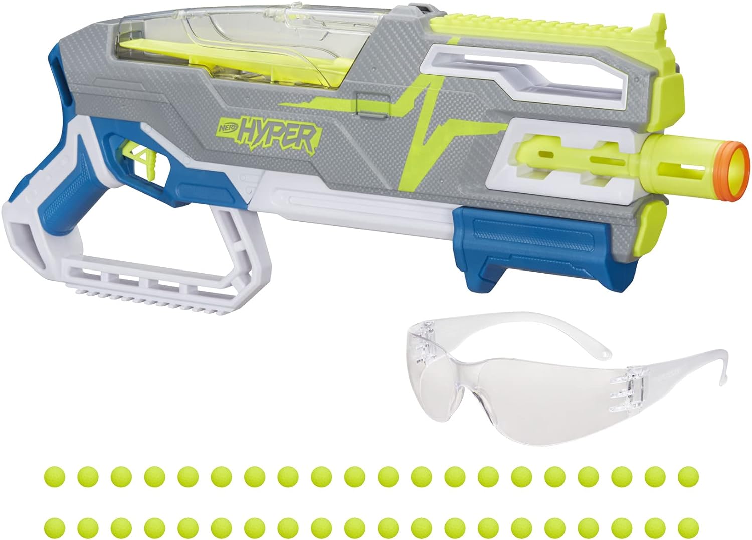 NERF Hyper Siege-50 Pump-Action Blaster, 40 Hyper Rounds, Holds Up to 50 Rounds, Glasses, Up to 110 FPS Velocity, Easy Reload, Toy Foam Blasters
