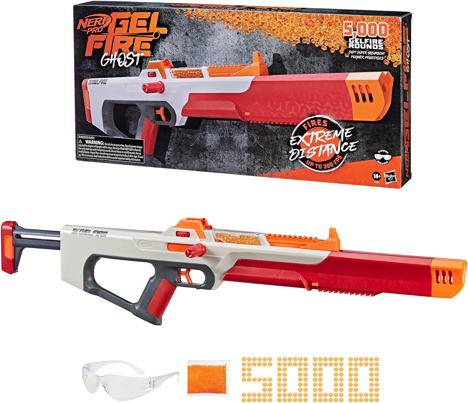 Nerf Pro Gelfire Ghost Bolt Action Blaster, Removable Boost Barrel, 5000 Gel Rounds, 100 Round Integrated Hopper, Eyewear, Ages 14 & Up