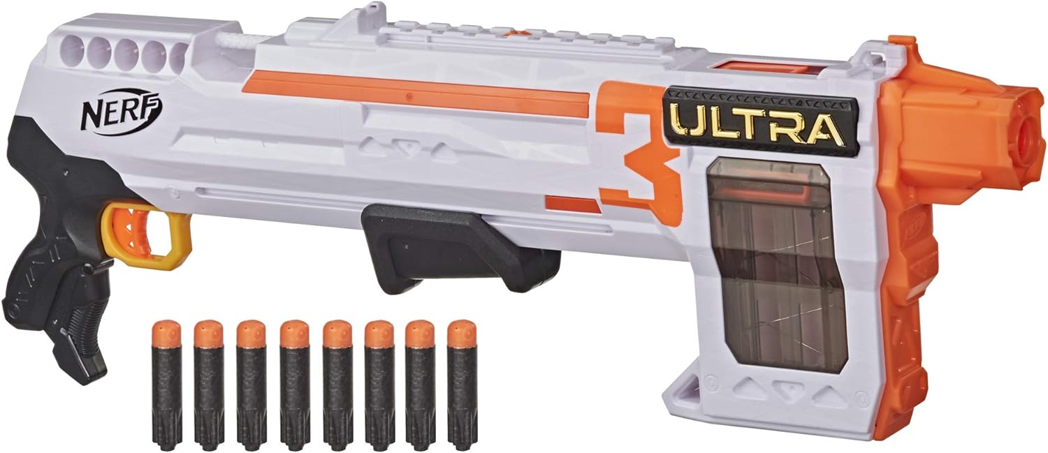 NERF Ultra Three Blaster, Pump-Action, 8-Dart Internal Clip, 8 Ultra Darts, Compatible Only Ultra Darts