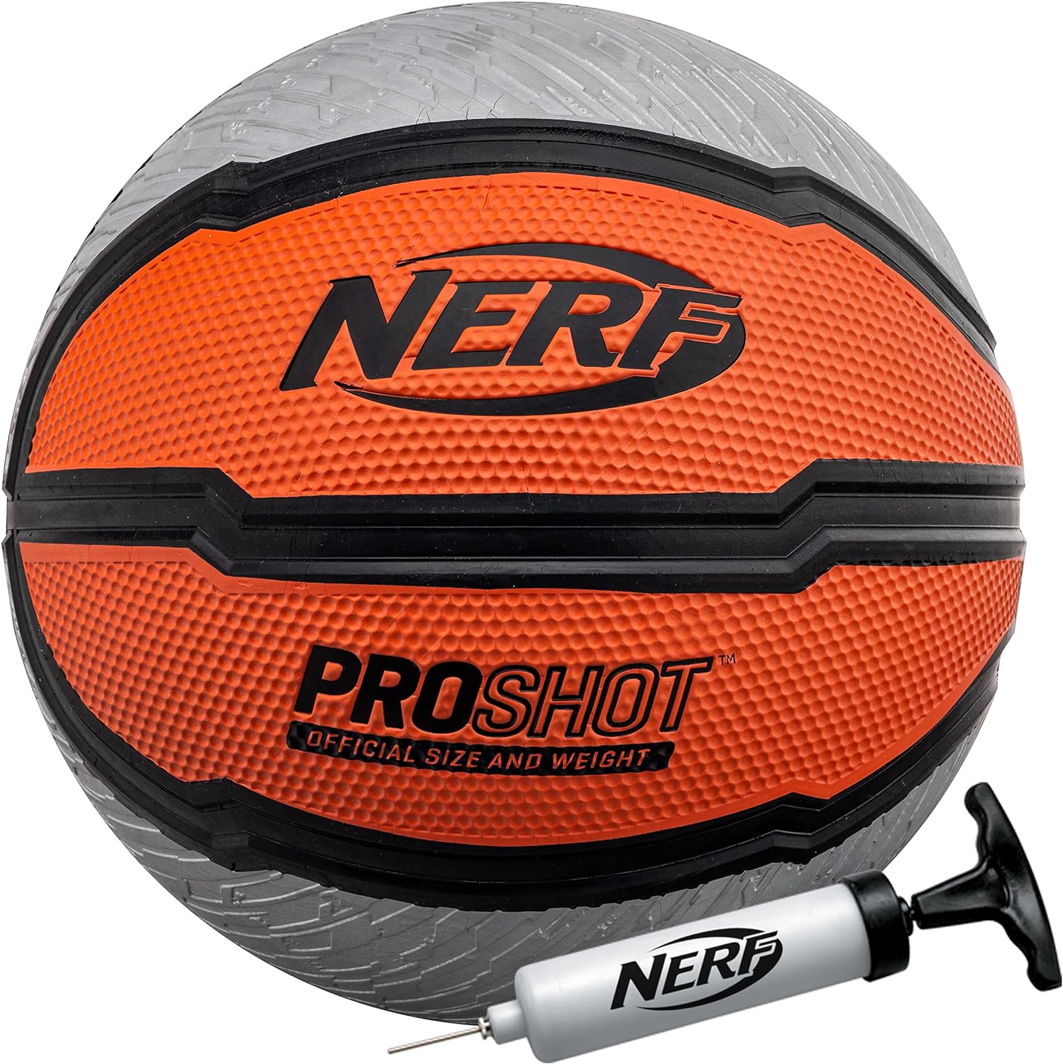 NERF Indoor + Outdoor Basketball - Proshot Official Size 29.5 Basketball + Air Inflation Pump - Extra Grip Basketball for Gym + Driveway Basketball Hoops - Regulation B7 Basketball - Black/Orange