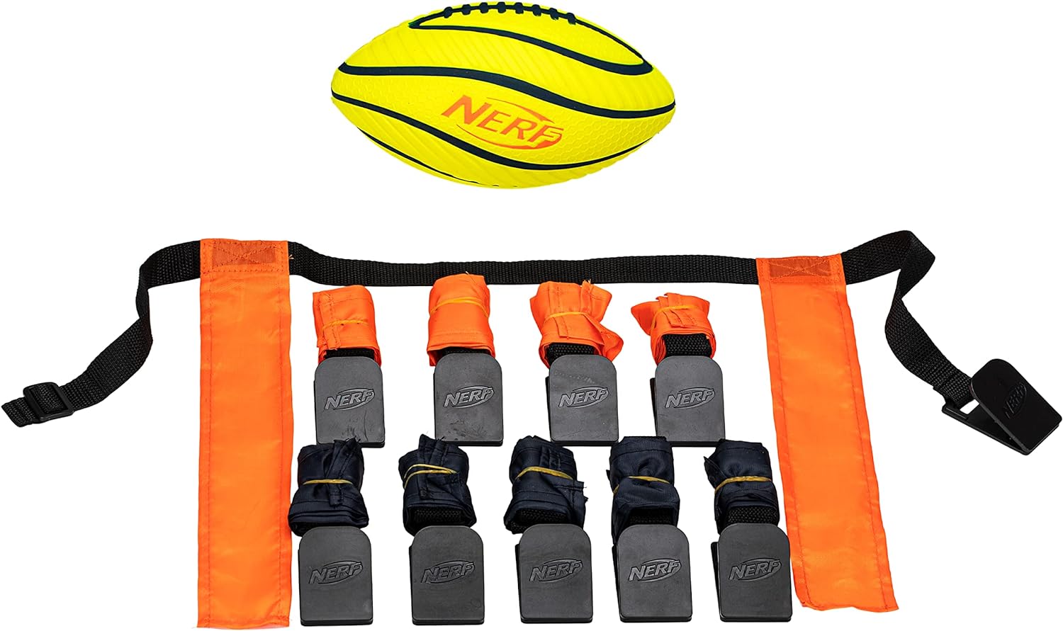 NERF 10 Player Flag Football Belts + Football Set - Youth Flag Football Belts + Junior Foam Football for Kids - Full Flag Football Kit for 5 v 5 Games - Includes (10) Flag Sets + 1 Foam Football