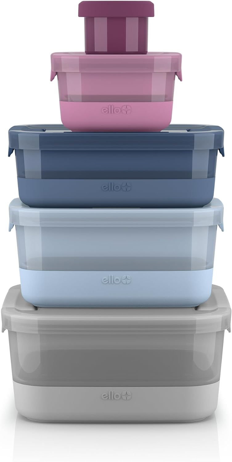 Ello Plastic Mixed Meal Prep 10Pc, 5 Pack Set- BPA Free Plastic Food Storage Containers with Silicone Boot and Airtight Plastic Lids, Dishwasher, Microwave, and Freezer Safe, Elderberry