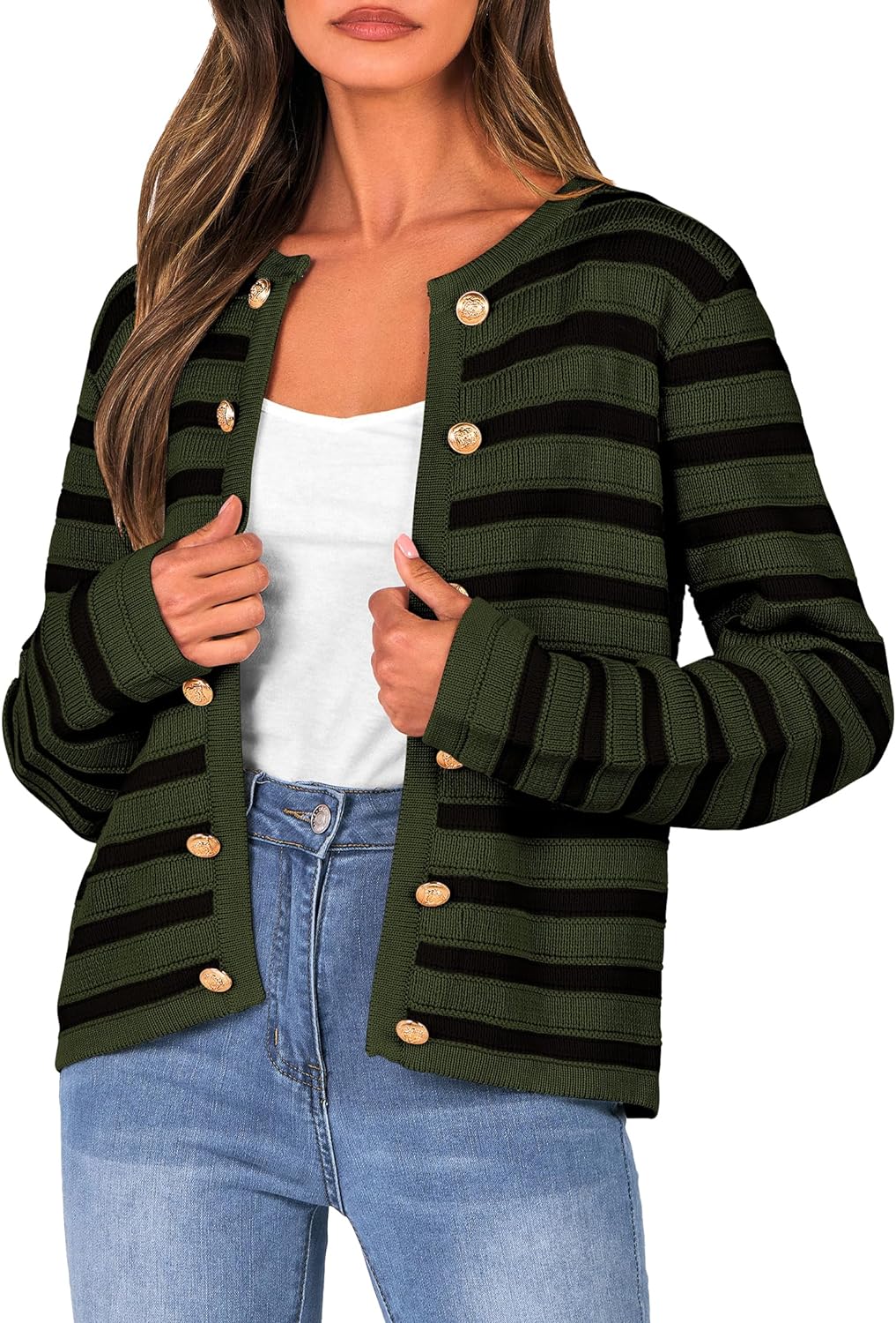 PRETTYGARDEN Women' Striped Cardigan Sweaters Ribbed Knit Long Sleeve Open Front Crewneck Casual Jackets