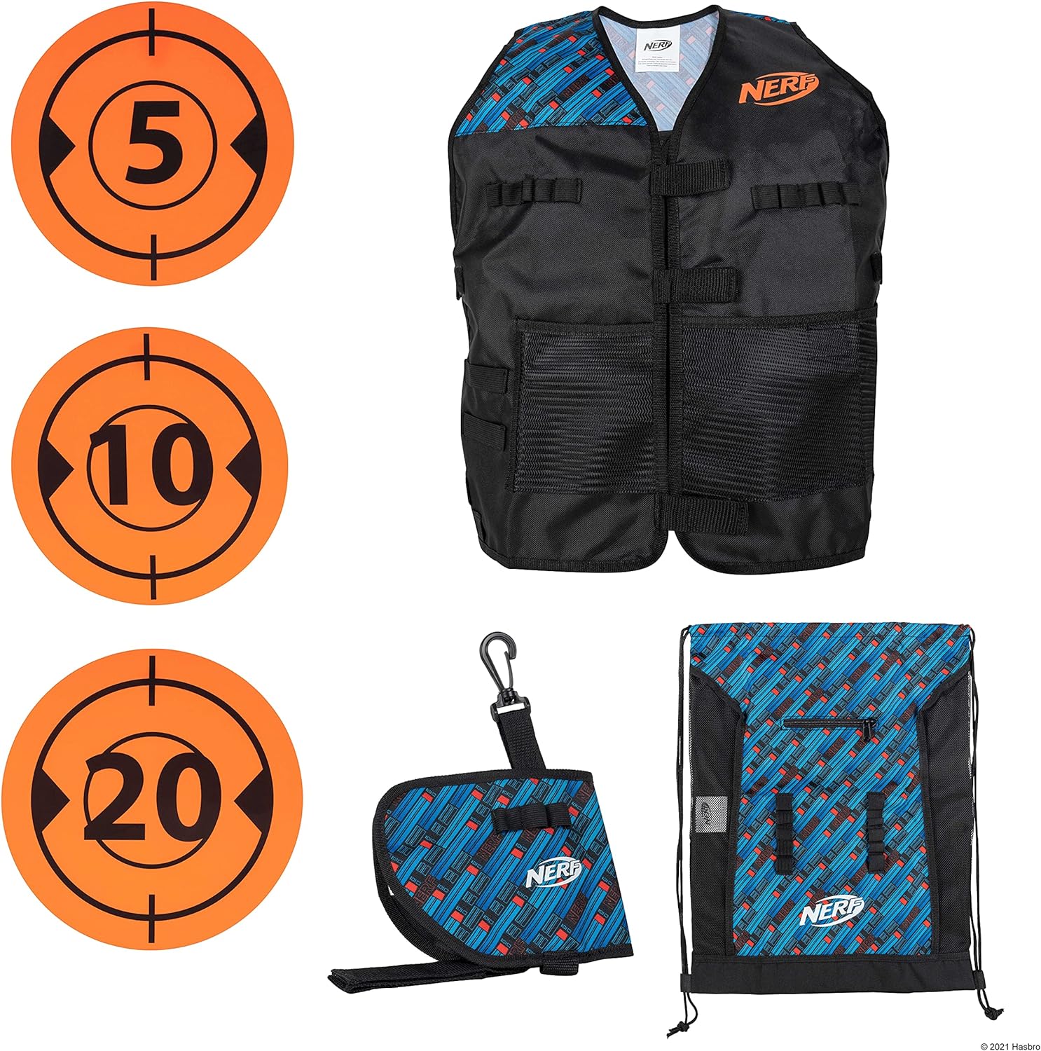 NERF Elite Deluxe Tactical Gear Pack - Tactical Vest with Hip Holster, Cinch Backpack, and 5 Targets - Blast Into Battle