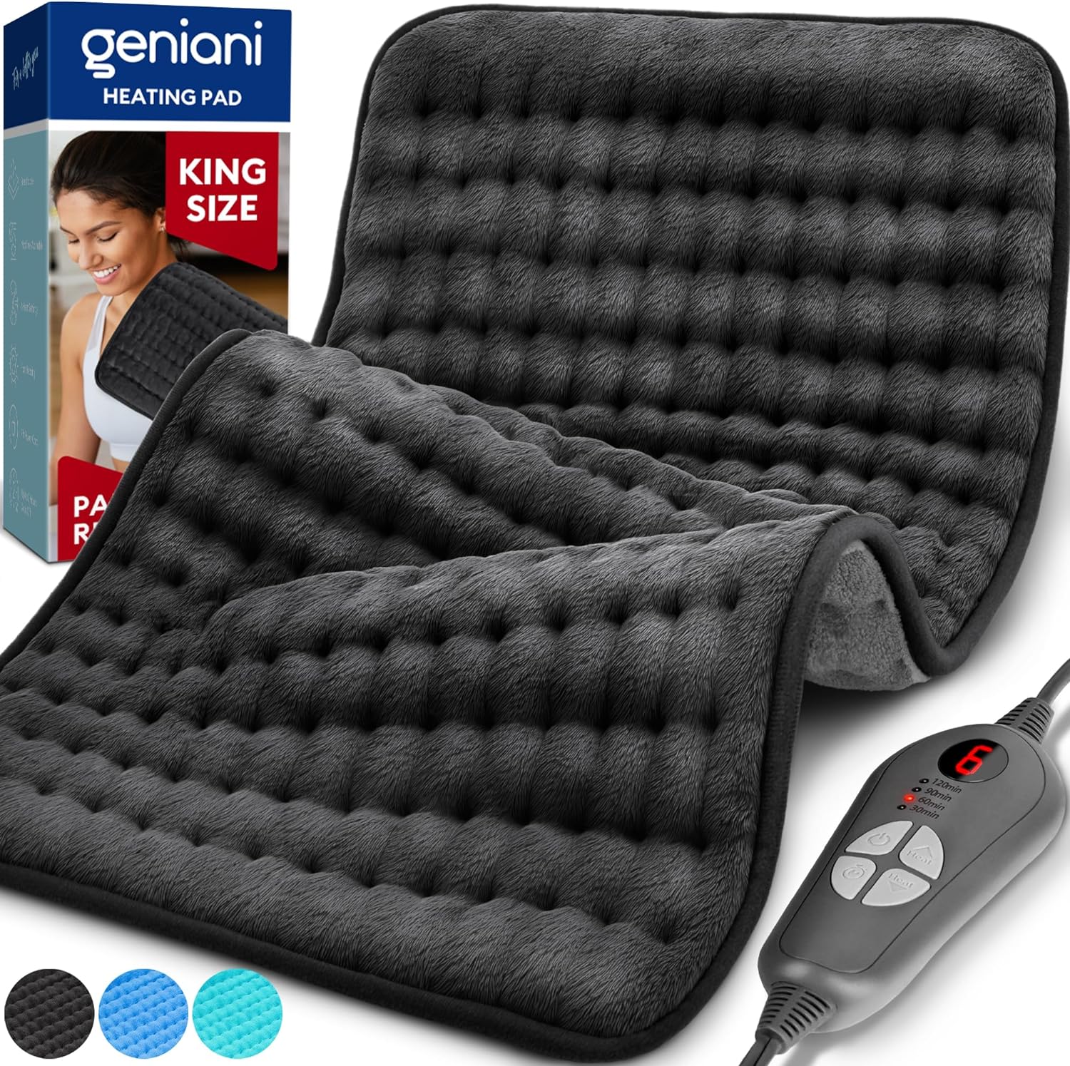 GENIANI Double Sided XL Heating Pad Electric for Lower Back Pain & Period Cramps Relief, Heat Pad with 6 Heat Settings for Neck & Shoulders, Christmas Gifts for Men & Women (12x24 Jet Black)