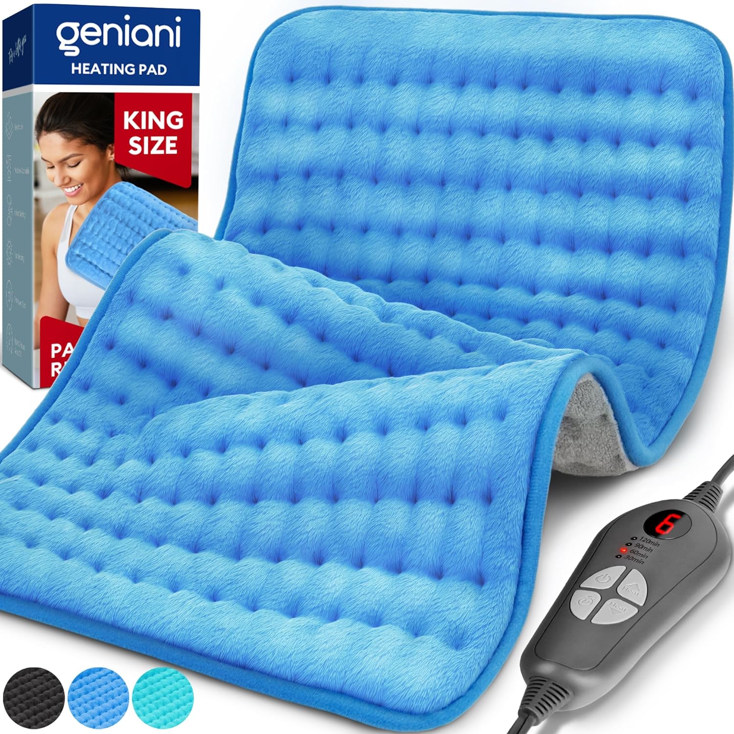 GENIANI Double Sided XL Heating Pad Electric for Lower Back Pain & Period Cramps Relief, Heat Pad with 6 Heat Settings for Neck & Shoulders, Christmas Gifts for Men & Women (12x24 Electric Blue)