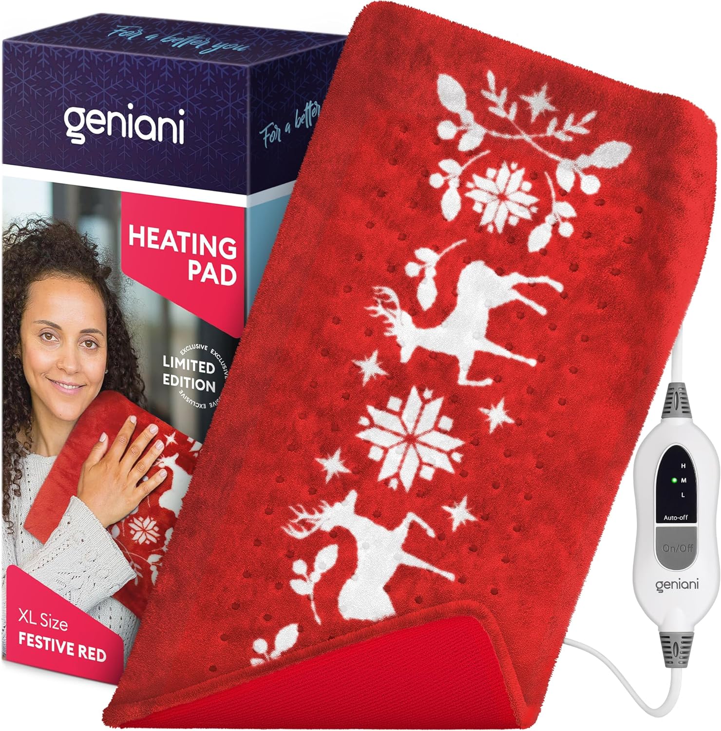 GENIANI XL Heating Pad for Lower Back Pain & Period Cramps Relief, Auto Shut Off, Machine Washable Heat Pad, Christmas Gifts for Men & Women, Mom, Father (Festive Red)