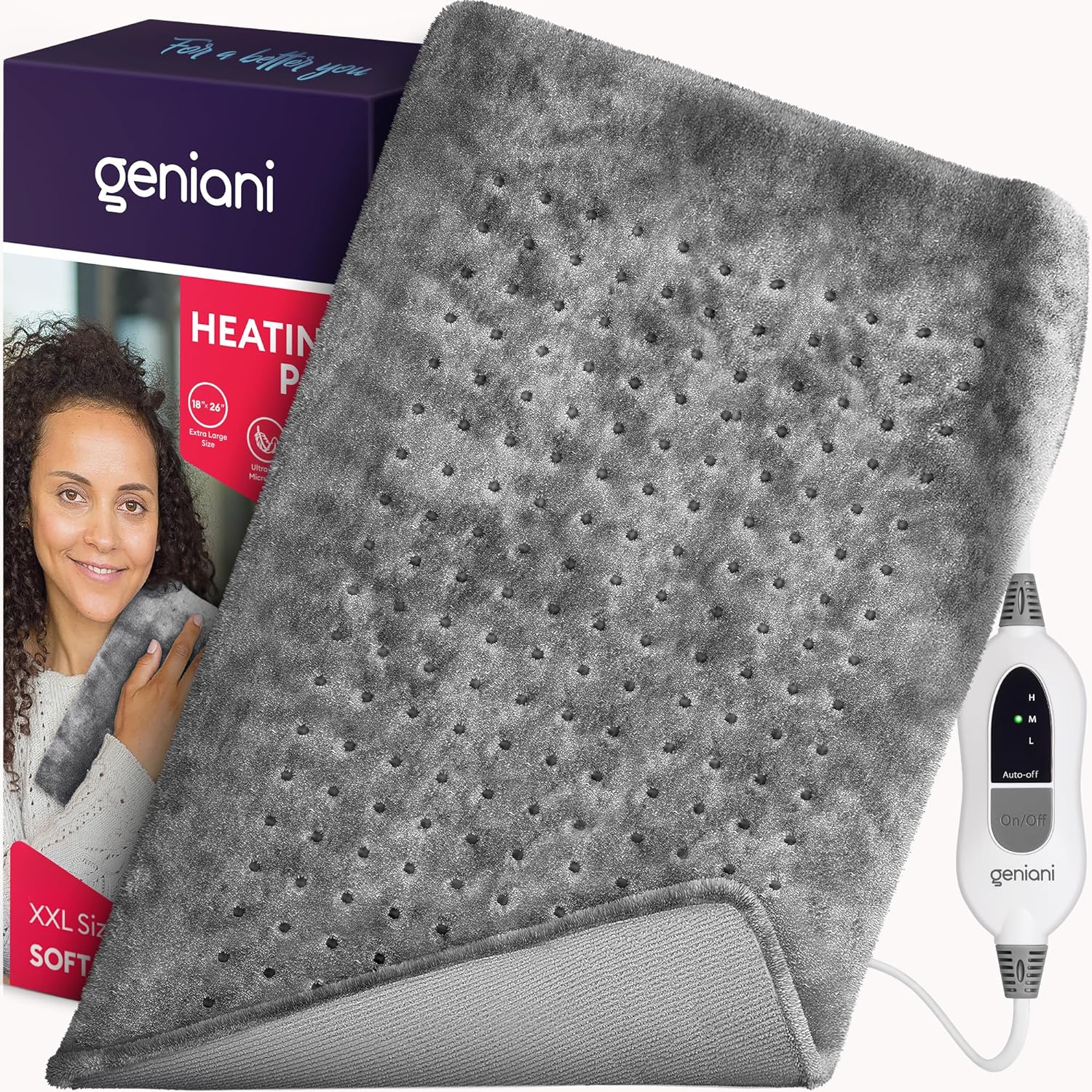 GENIANI XXL 18x26 Heating Pad for Back Pain & Cramps Relief, Auto Shut Off, Machine Washable, Heat Pad, Holiday Gifts for Women, Men, Patch (Soft Gray)