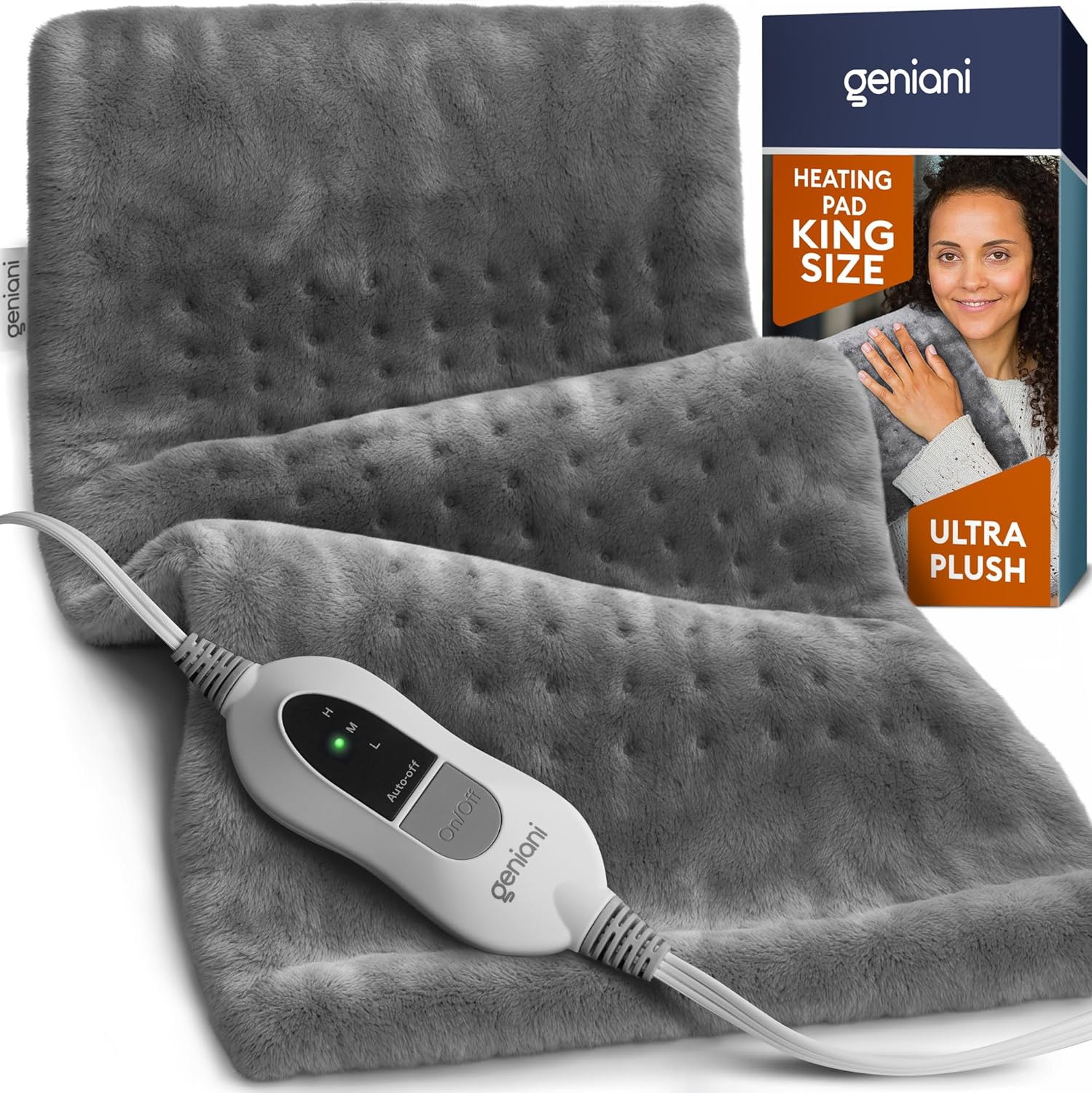 GENIANI King Size Heating Pad for Back Pain & Cramps Relief, FSA HSA Eligible, Auto Shut Off, Machine Washable, Moist Heat Pad for Neck & Shoulder, Knee, Leg, Tabby Gray 12'24