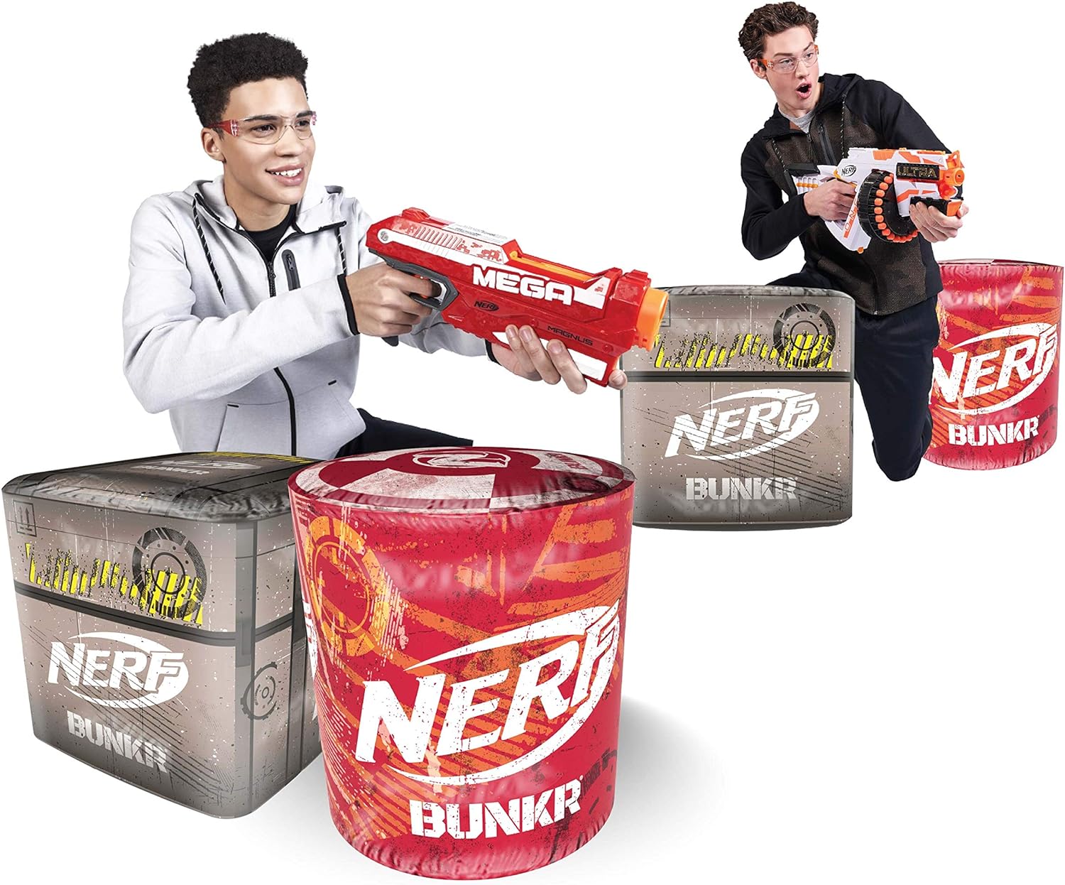 Nerf Bunkr Battle Stackers Inflatable BattleZone Pack of 4 NERF Shield Bunker Barricade Crates and Barrels - Perfect for NERF Party or NERF War