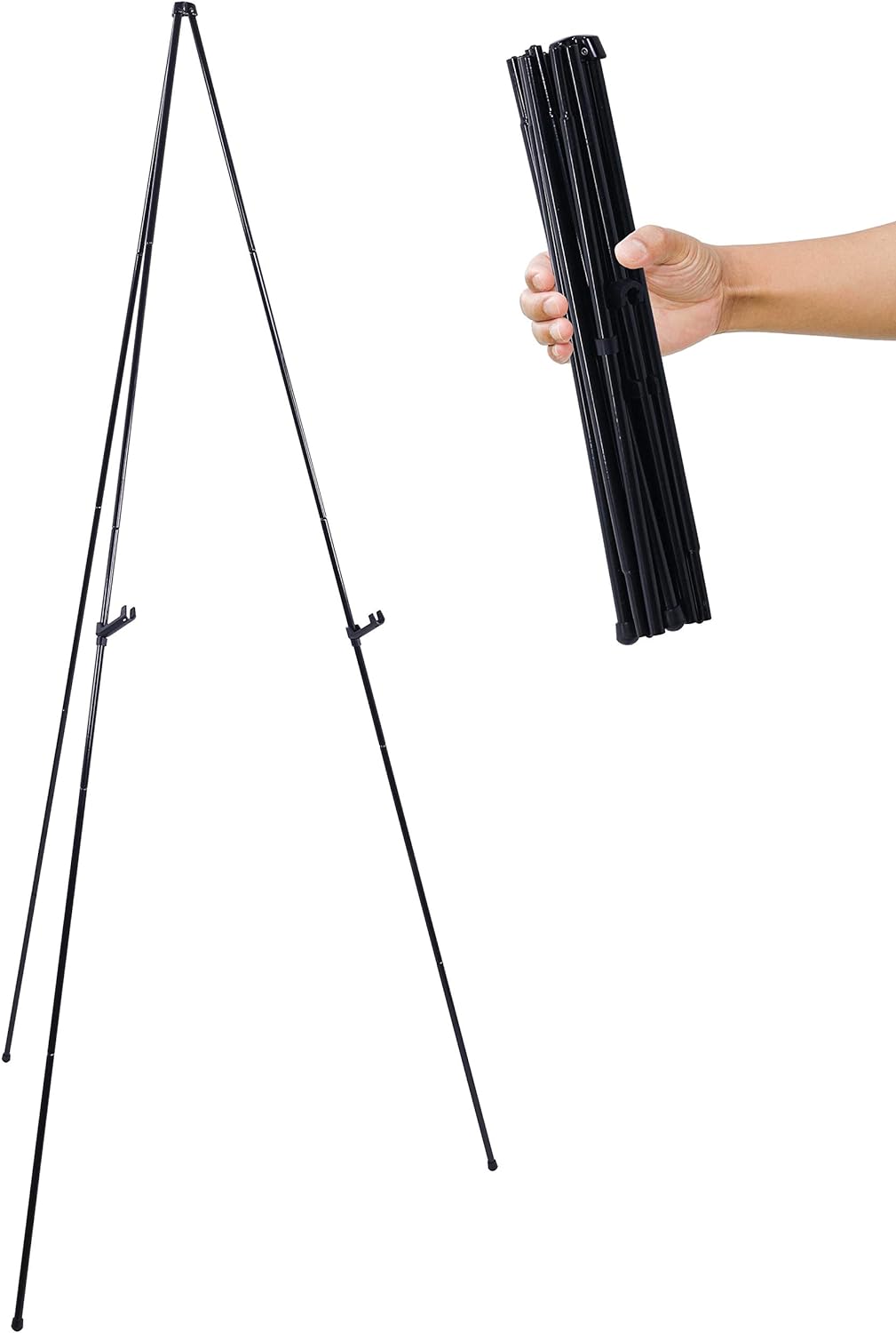 U.S. Art Supply 63 High Steel Easy Folding Display Easel - Quick Set-Up, Instantly Collapses, Adjustable Height Display Holders - Portable Tripod Stand, Presentations, Signs, Posters, Holds 5 lbs