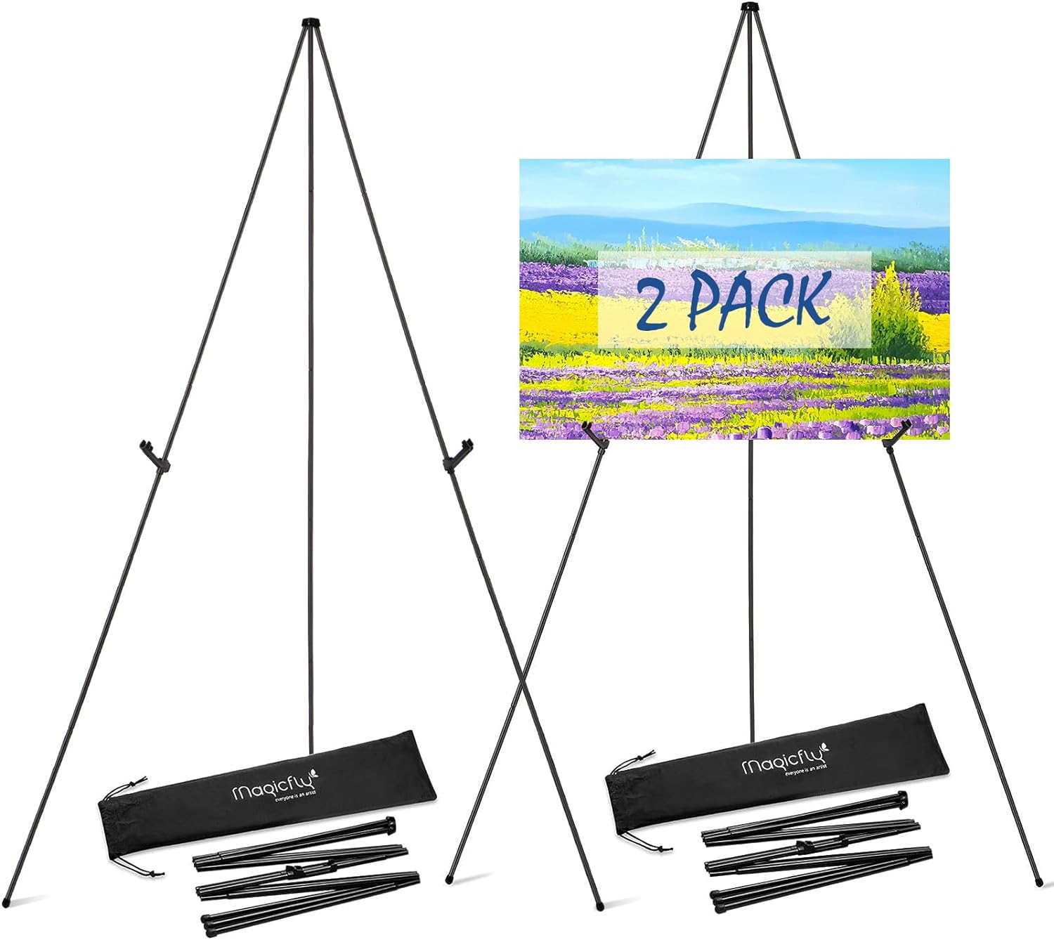 Magicfly Easel Stand for Display, 2 Pack Easel 63 Inch Portable Easel for Wedding Sign, Poster easel, White Boards, Collapsible Painting Art easel for Floor, Telescoping Metal Easel Tripod, Black