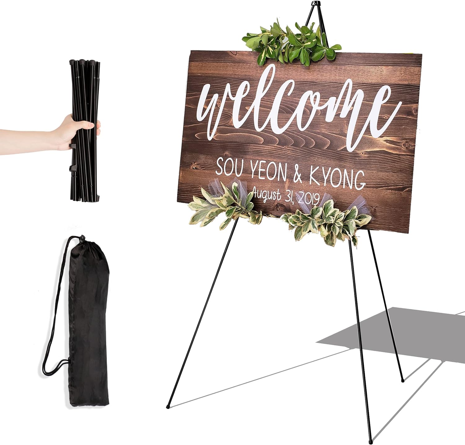 JNZYB Easel Stand for Display Wedding Sign & Poster - 63 Inches Tall Easle for Display Holder - Portable Collapsable Poster Easel - Floor Adjustable Metal Painting Easels Tripod Black