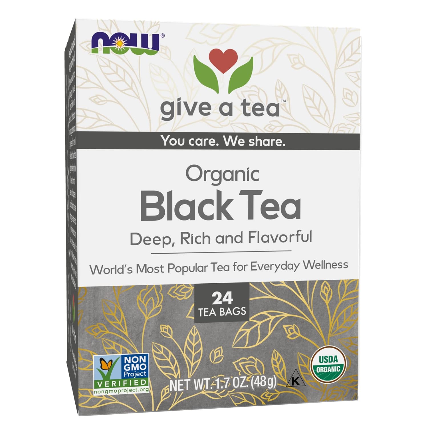 NOW Foods, Certified Organic Black Tea, Deep Rich Flavor, Non-GMO, with Catechins and Flavonols, Premium Unbleached Tea Bags with No-Staples Design, 24-Count