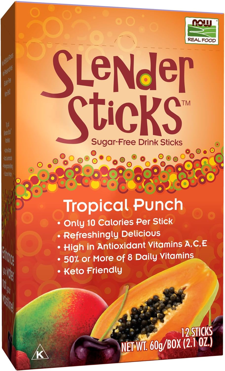 NOW Foods, Slender Sticks, Tropical Punch, 15 Calories Per Stick, Refreshingly Delicious, with Antioxidant Vitamins A,C, E, 12/Box