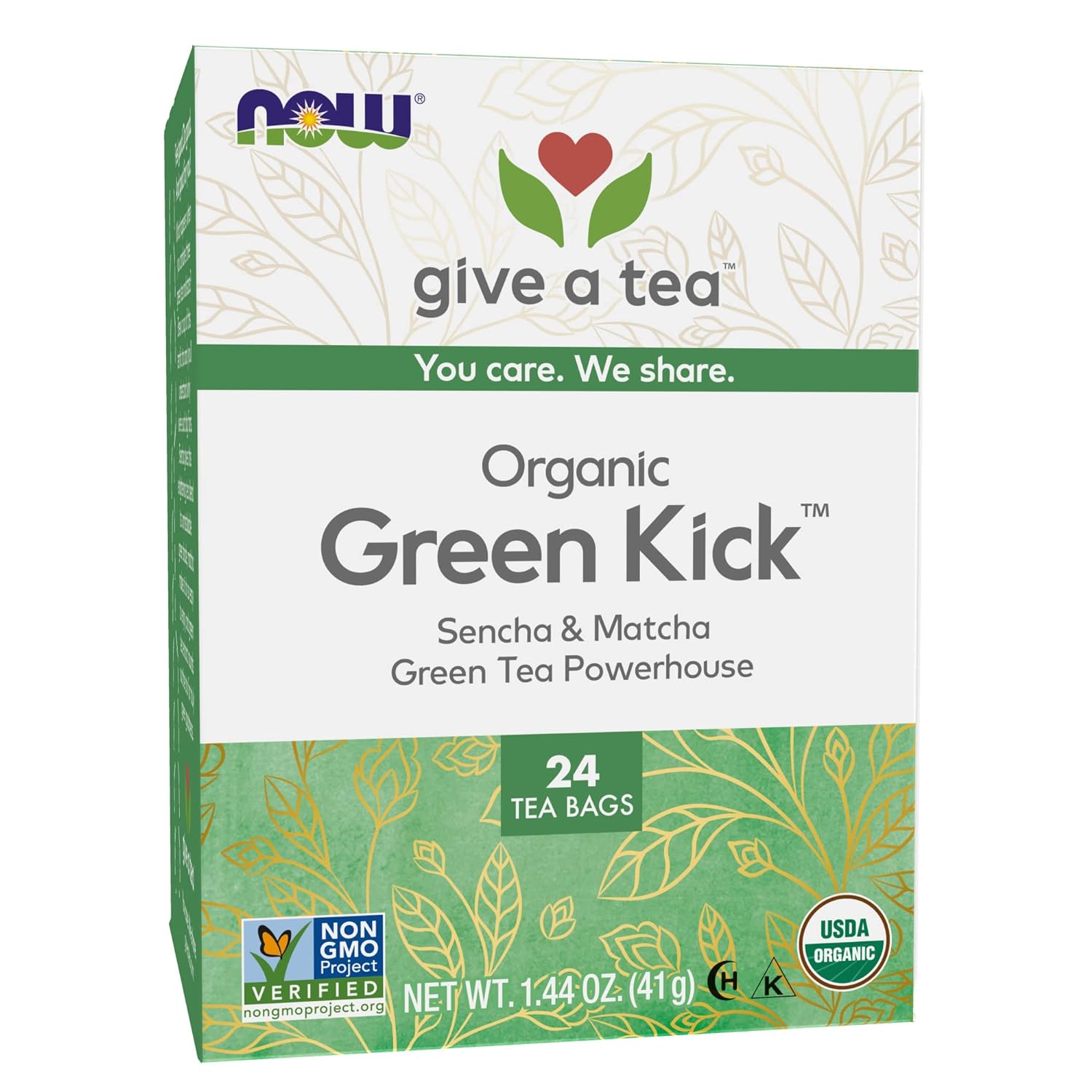 NOW Foods, Certified Organic Green Kick Tea, with Polyphenols, Premium Unbleached Tea Bags with No-Staples Design, No Added Colors, Preservatives, Flavors, or Sugars, 24-Count